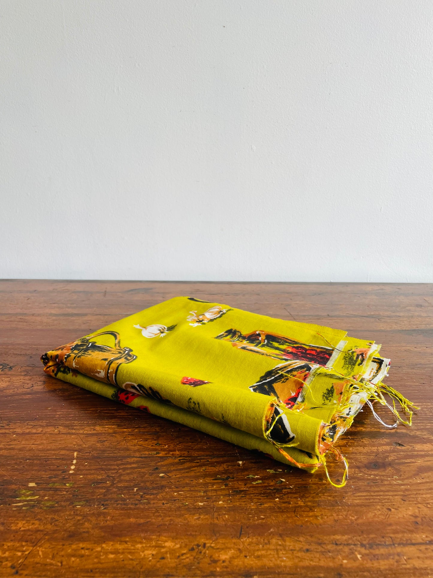 Bright Chartreuse Coloured Fabric with Fun Vegetable, Fruit, & Flower Harvest Design
