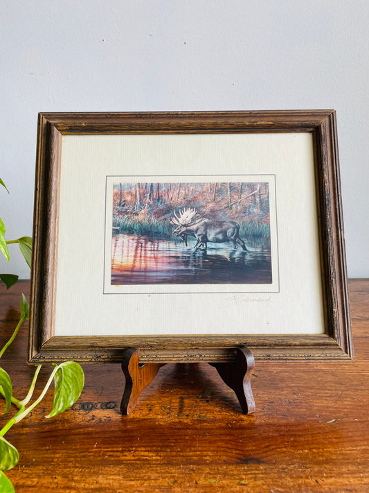 Moose Walking in Lake by Forest Lithograph Print Picture - Signed by Bernard