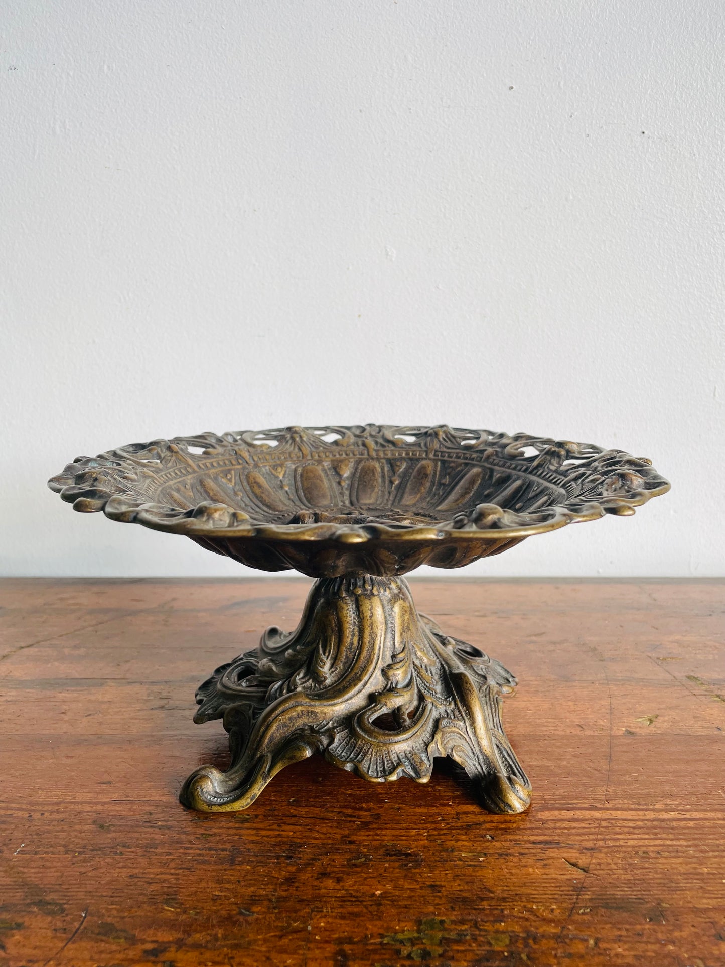 Vintage Heavy Brass Pedestal Bowl with Cherub - Ornate Scroll Filigree Design - Italian Style