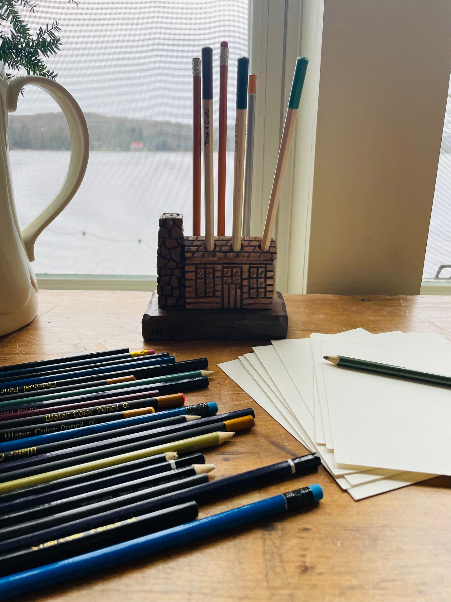 Handmade Carved Wood Log Cabin Pen or Pencil Holder