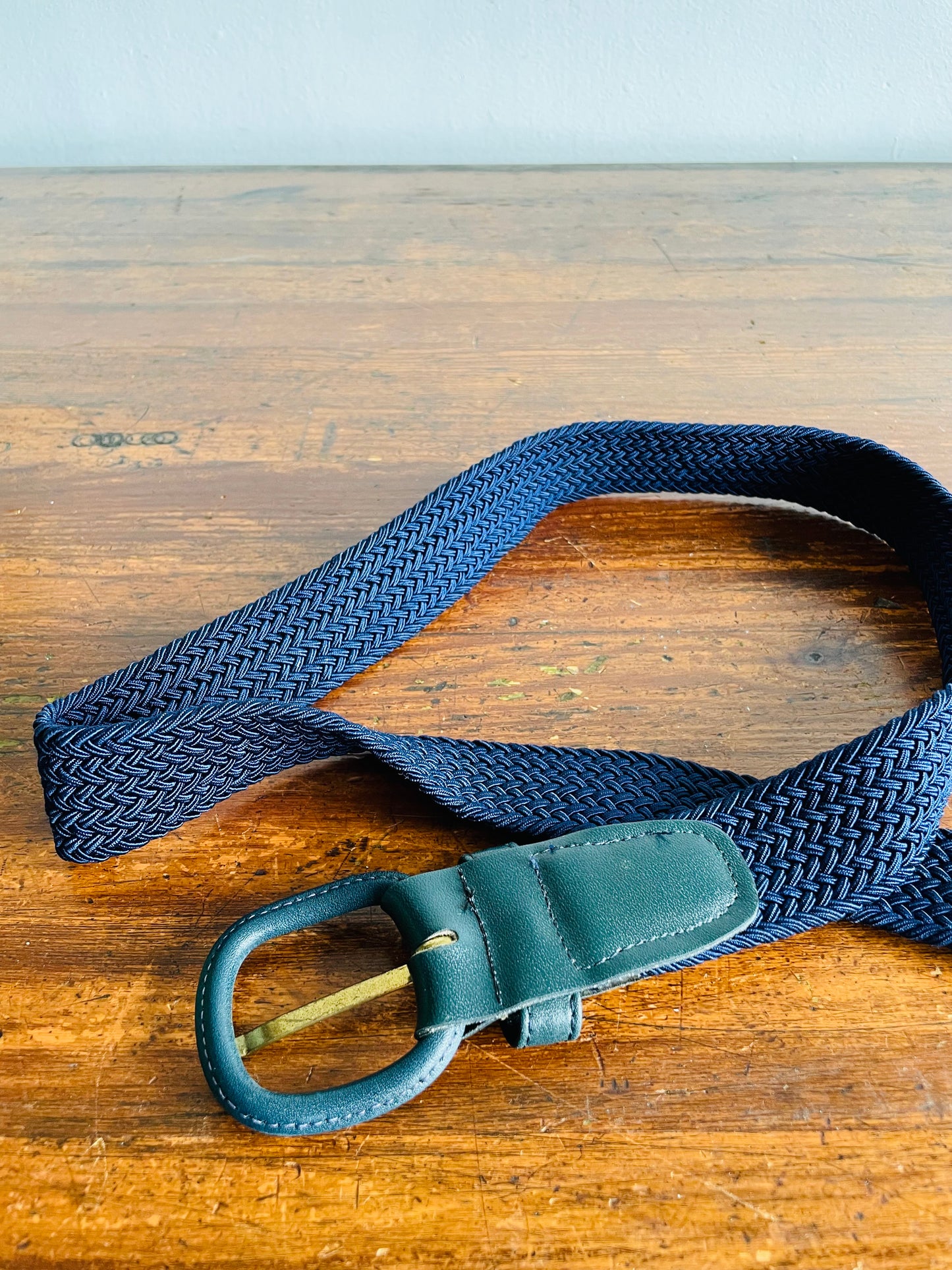 Navy Blue Braided Rope Belt with Leather Buckle - Very Stretchy Rope!