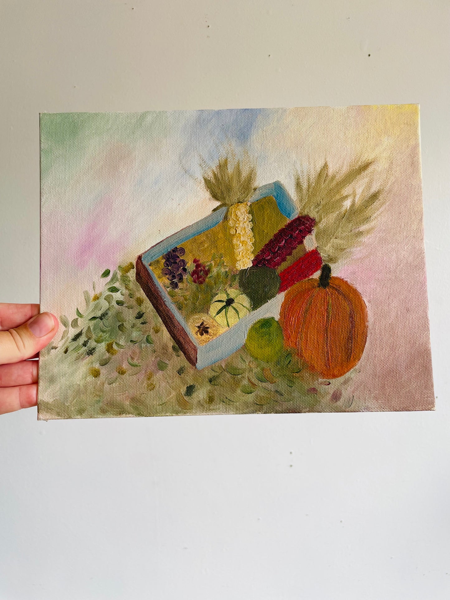 Vintage Original Art Painting of Fall Harvest Scene on Board with Pumpkins, Squash & Corn - 8" x 10"