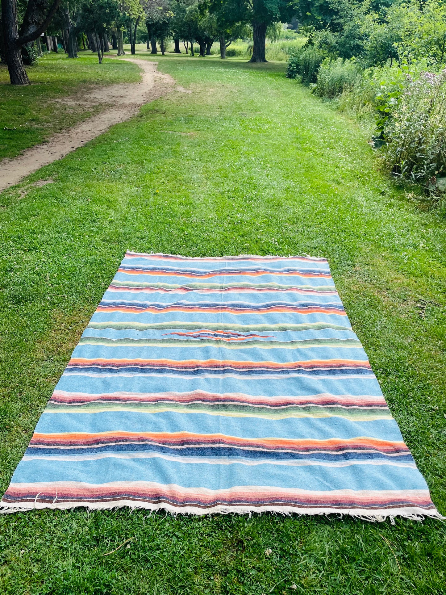 Very Large Mexican Blanket with Stripes & Aztec Pattern - AS-IS