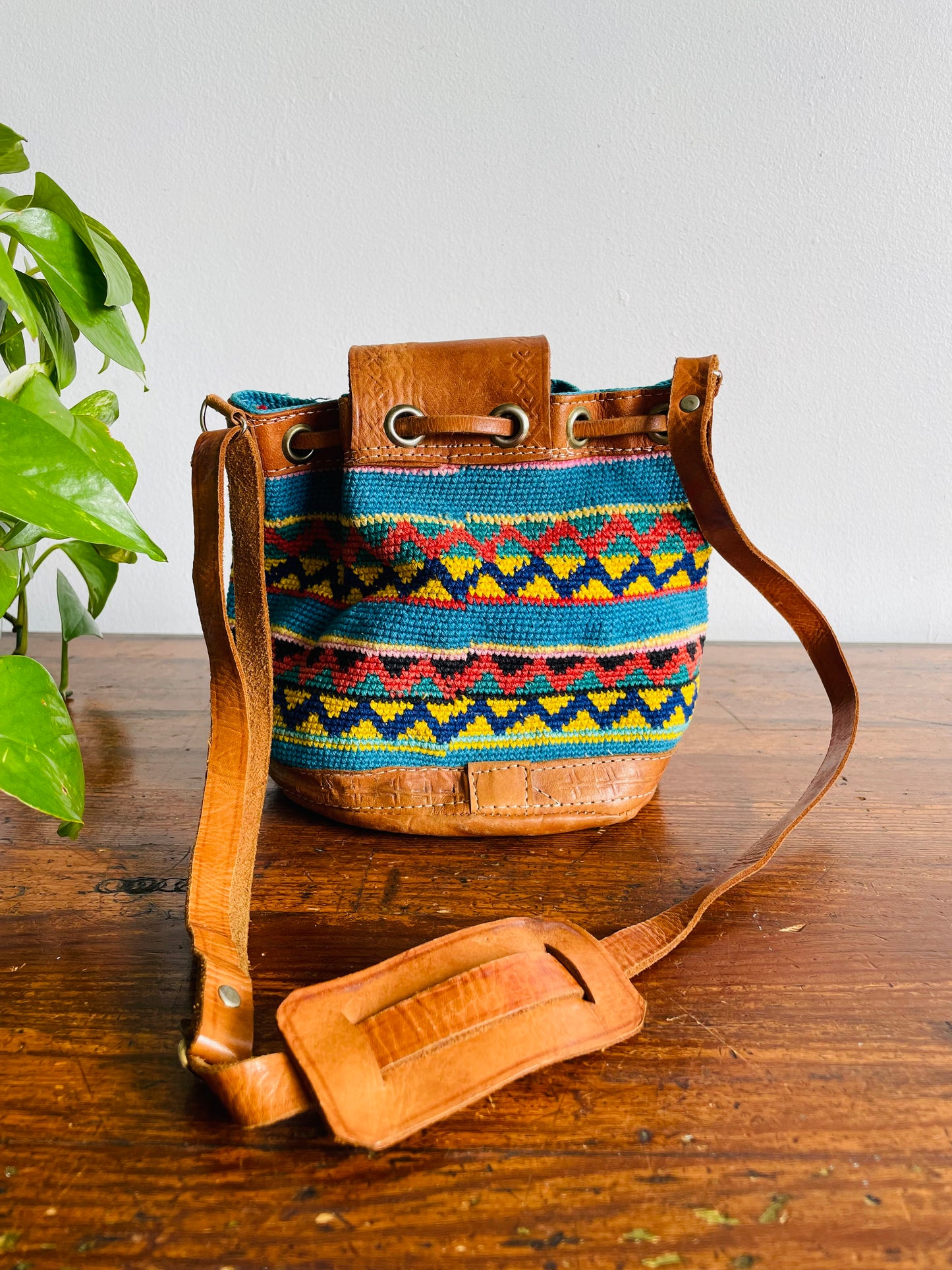 Tooled Leather & Brightly Woven Tapestry Fabric Purse