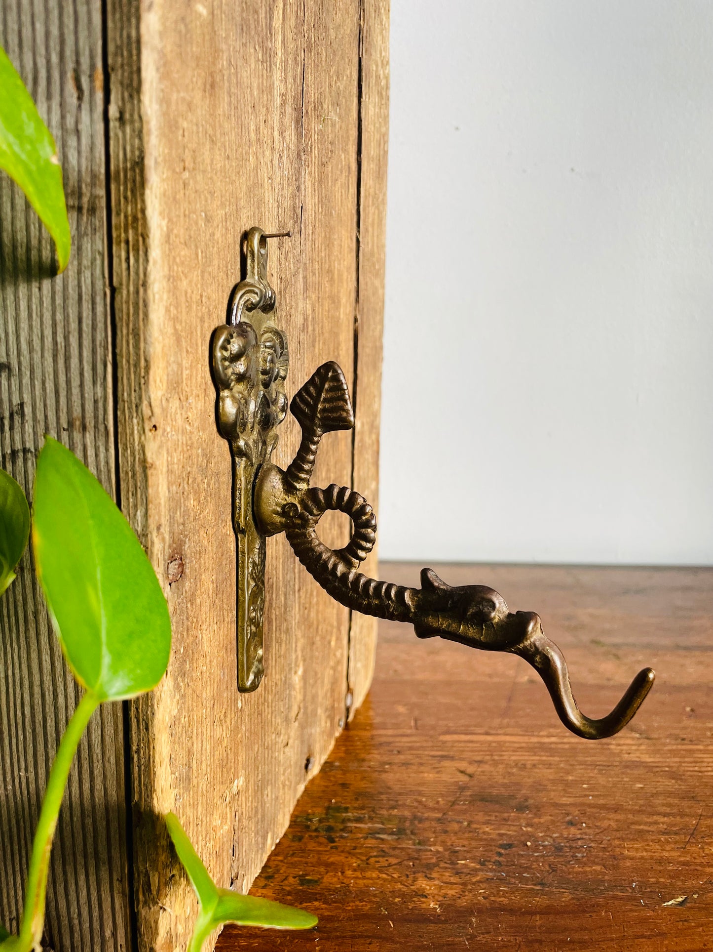 Vintage Ornate Brass Wall Hook with Dragon Serpent Mystical Animal