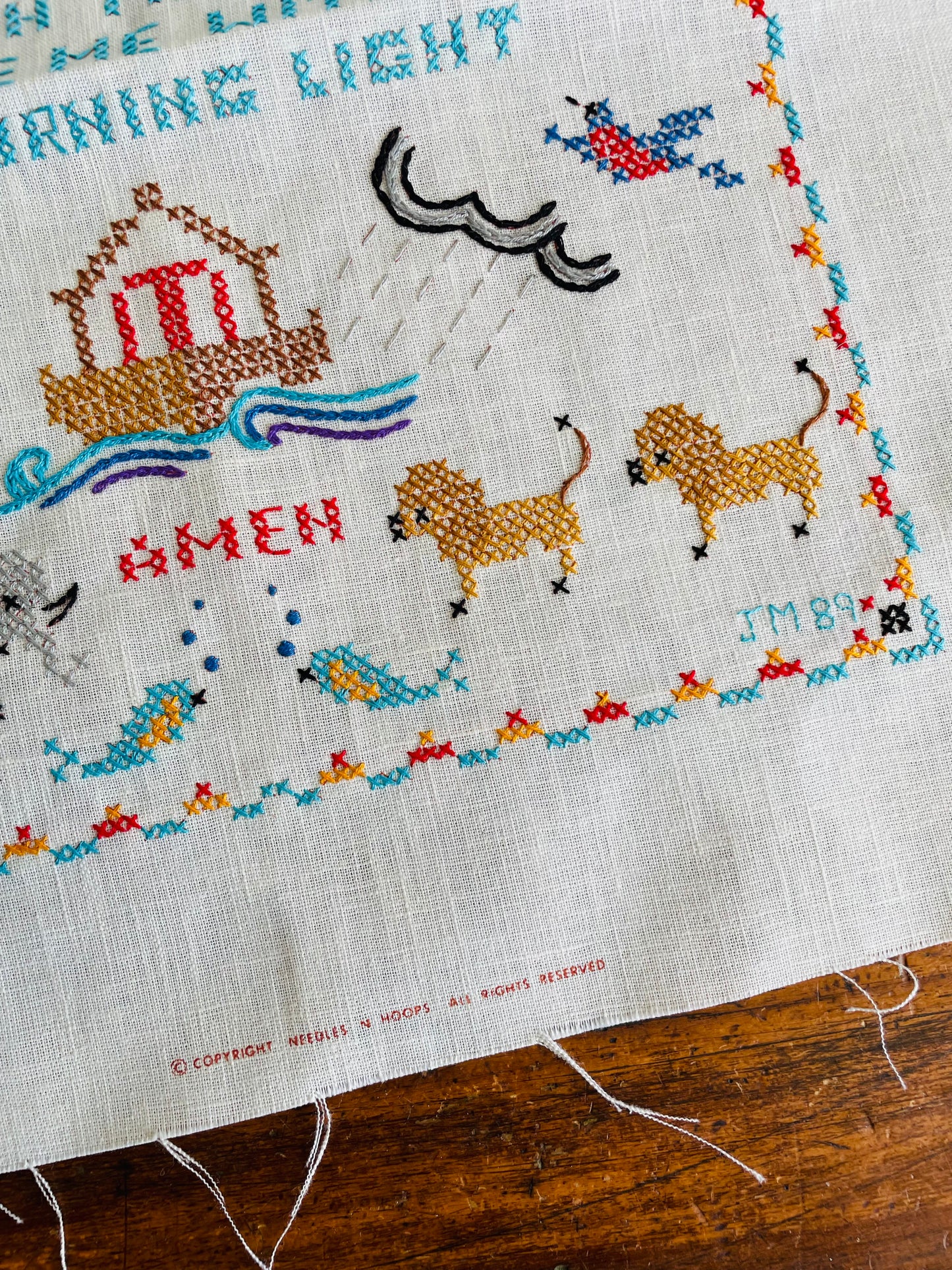 1989 Cross Stitch Embroidery Panel - Now I Lay Me Down To Sleep Prayer with Noah's Ark Animals