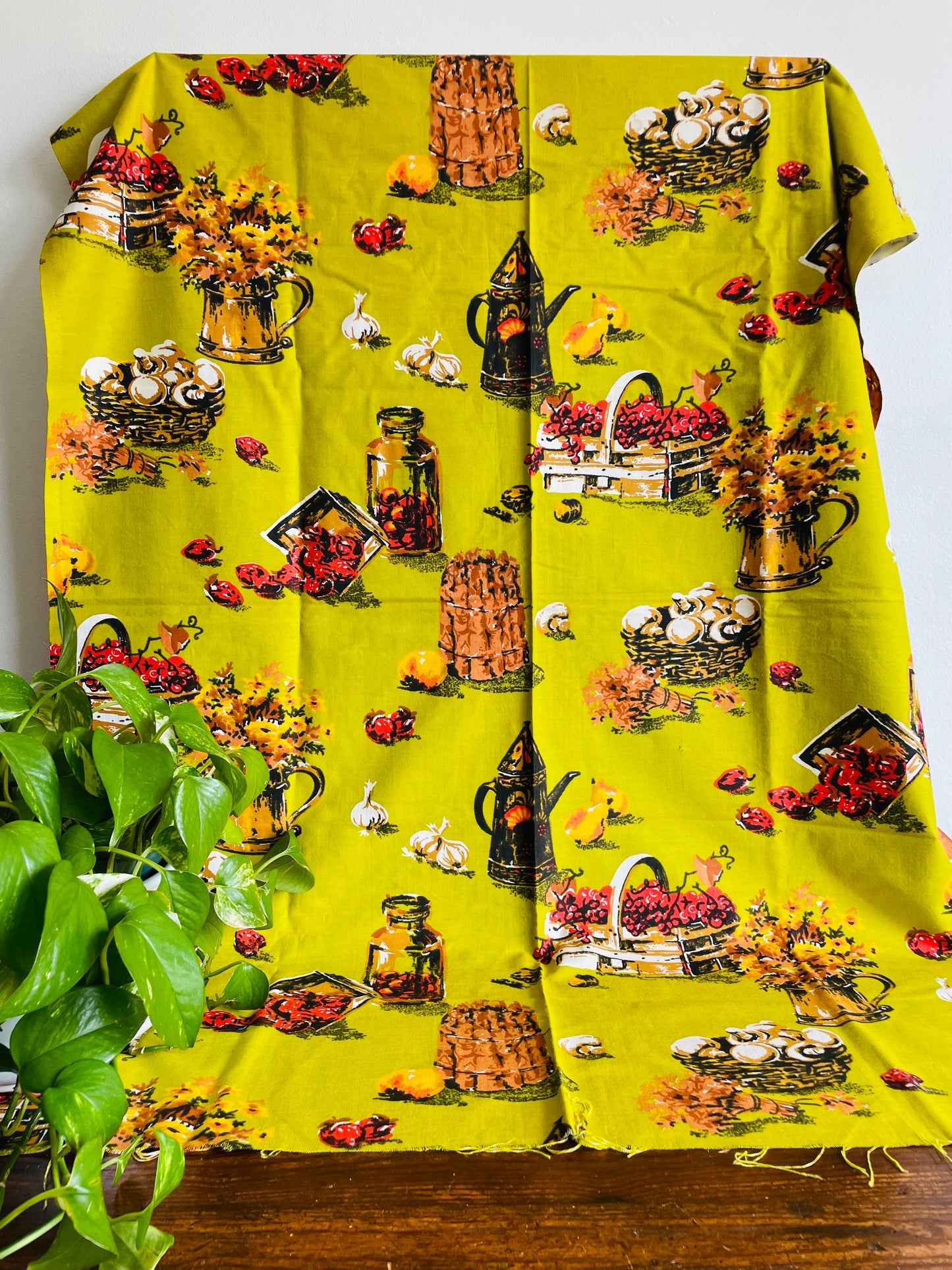 Bright Chartreuse Coloured Fabric with Fun Vegetable, Fruit, & Flower Harvest Design