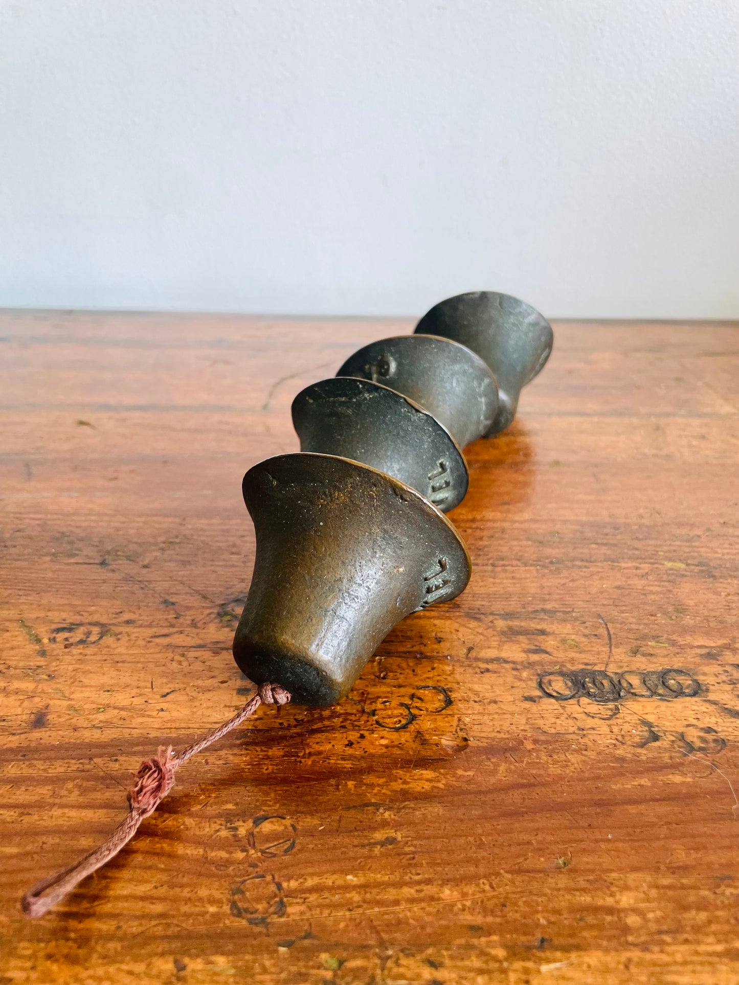Vintage Carmel California Mission Hanging Bells - Set of 4 on Rope - Heavy & Solid with Aged Patina