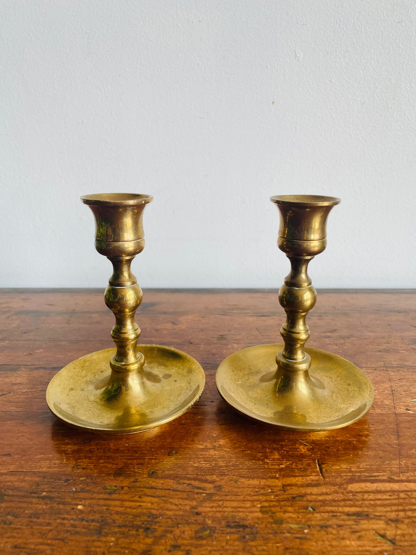 Vintage Heavy & Solid Brass Candle Holders with Spindle Shape & Curved Bases - Can Unscrew - Set of 2