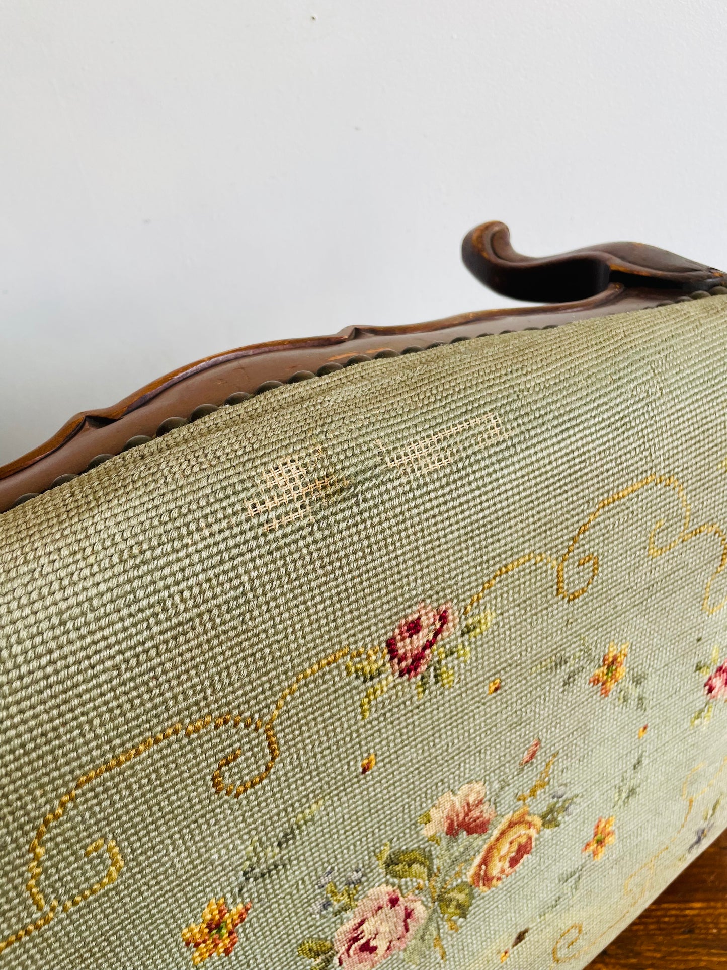 Antique Victorian Solid Wood & Floral Needlepoint Embroidery Footstool