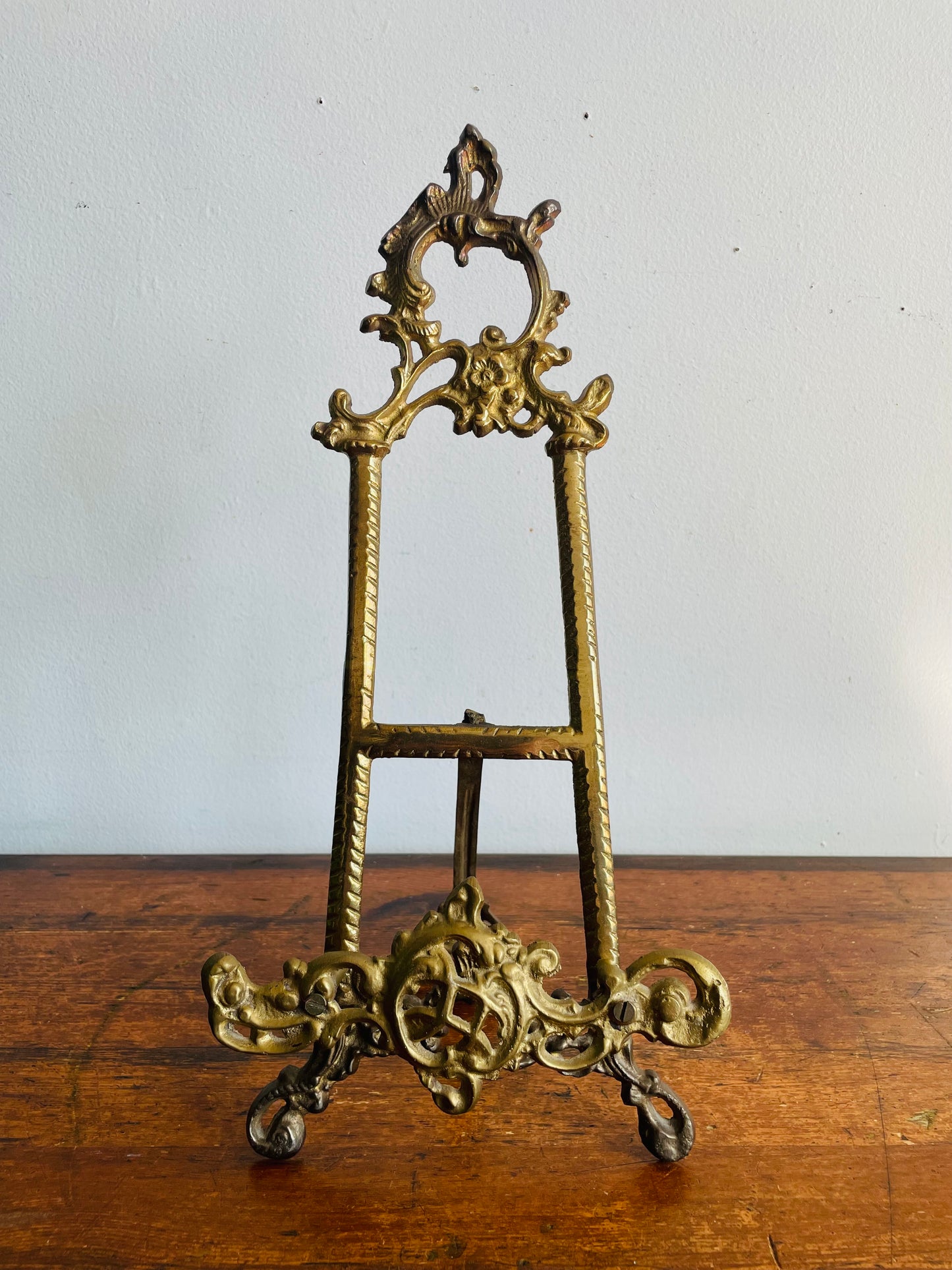 Vintage 14" Tall Brass Tabletop Display Easel with Ornate Scroll & Floral Design