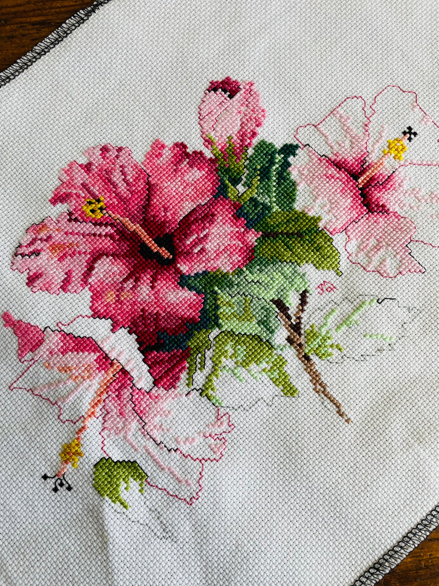 Needlepoint Embroidery Panel with Pink Hibiscus Flowers