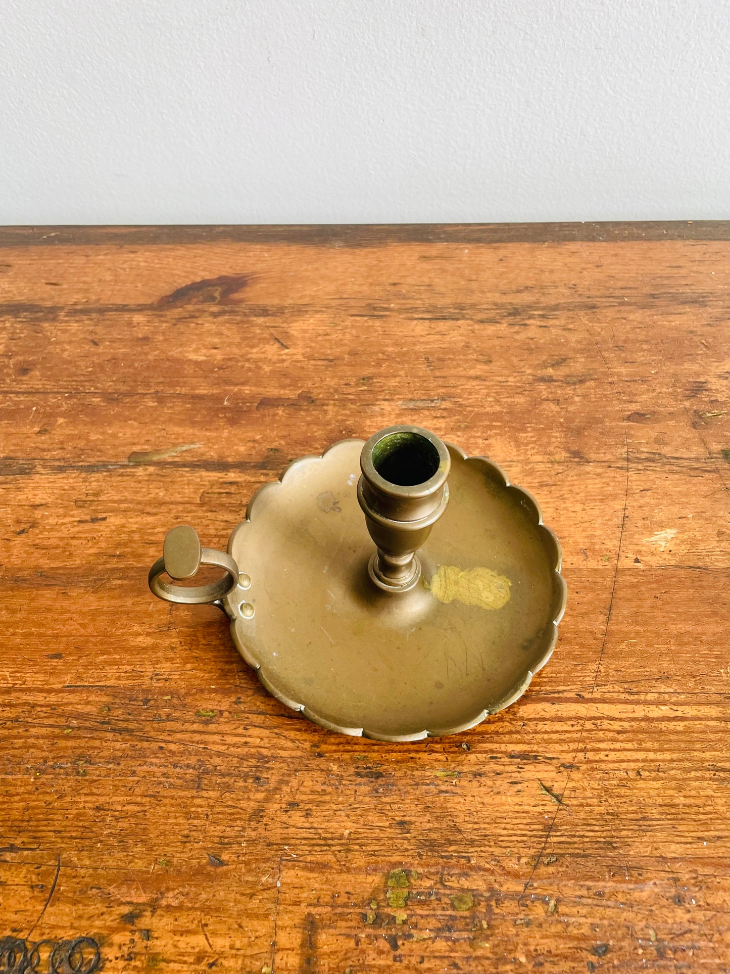 Antique Heavy & Solid Brass Chamberstick Candle Holder with Scalloped Edge