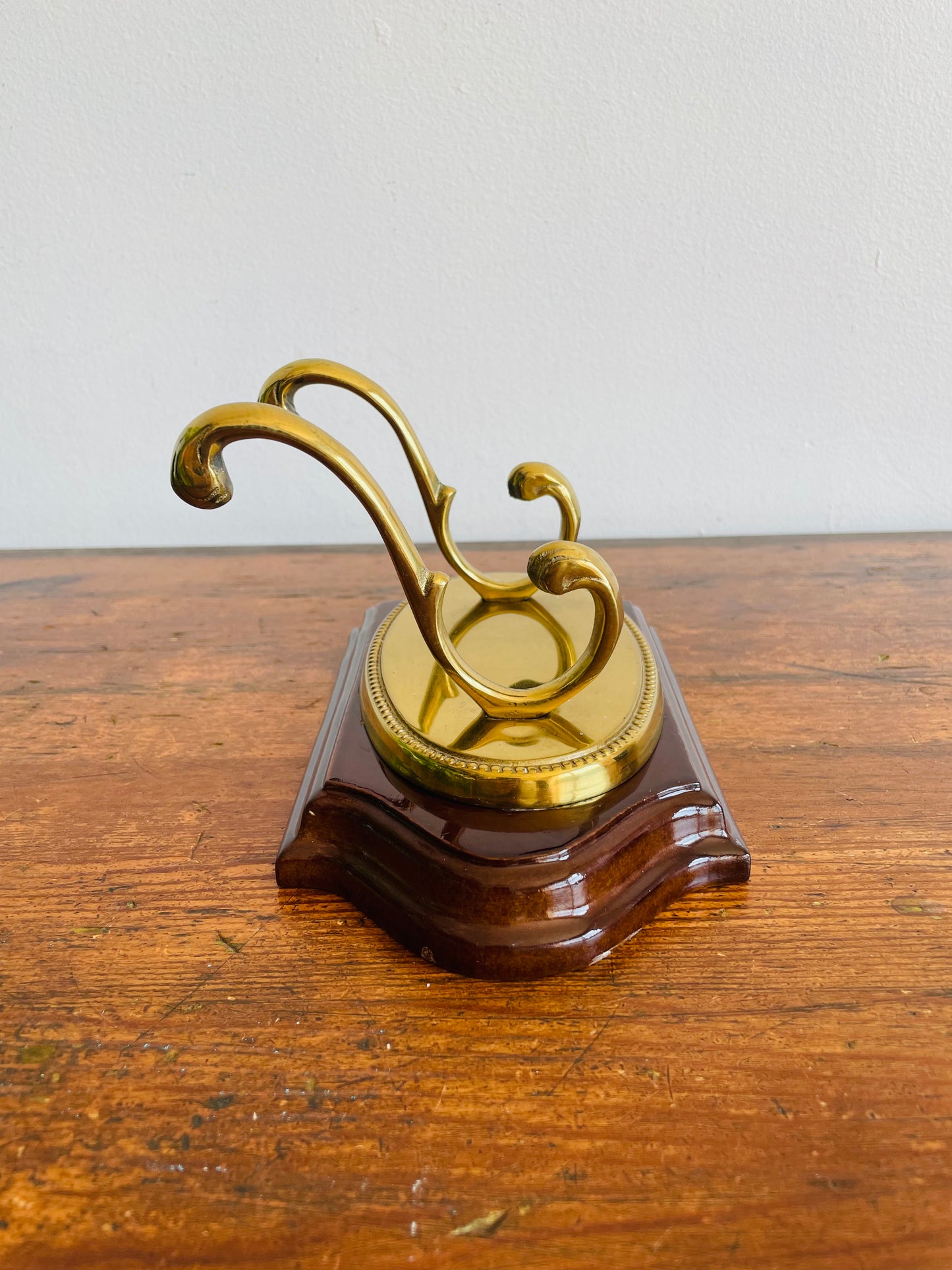 1989 Wood & Brass Double Hook Wall Hanger - Made in Korea
