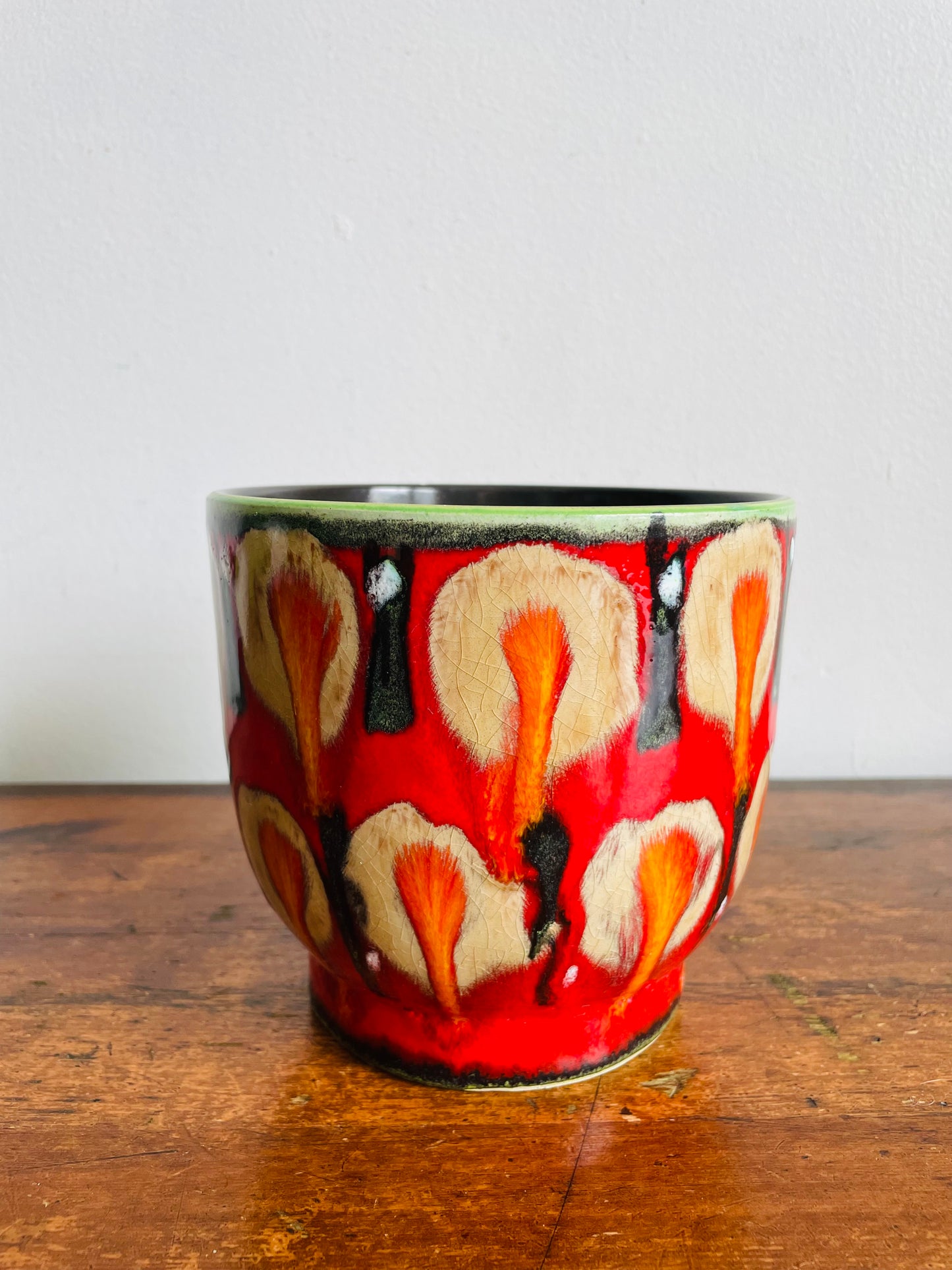 Vintage Bright Red 5" Planter Pot with Orange & Brown Drippy Design