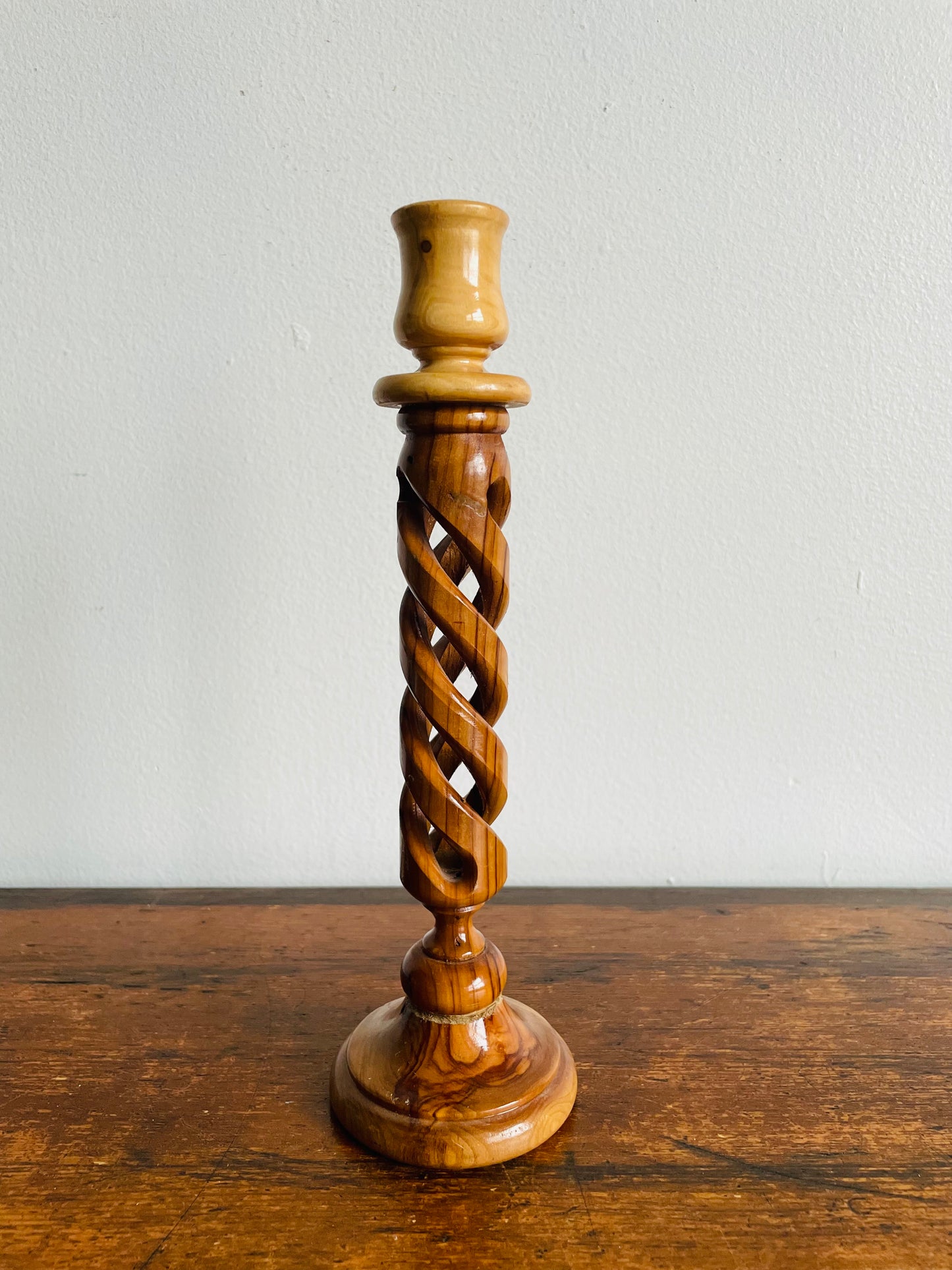 Olive Wood Twisted Spiral Candlestick Holder with Open Barley-Twist