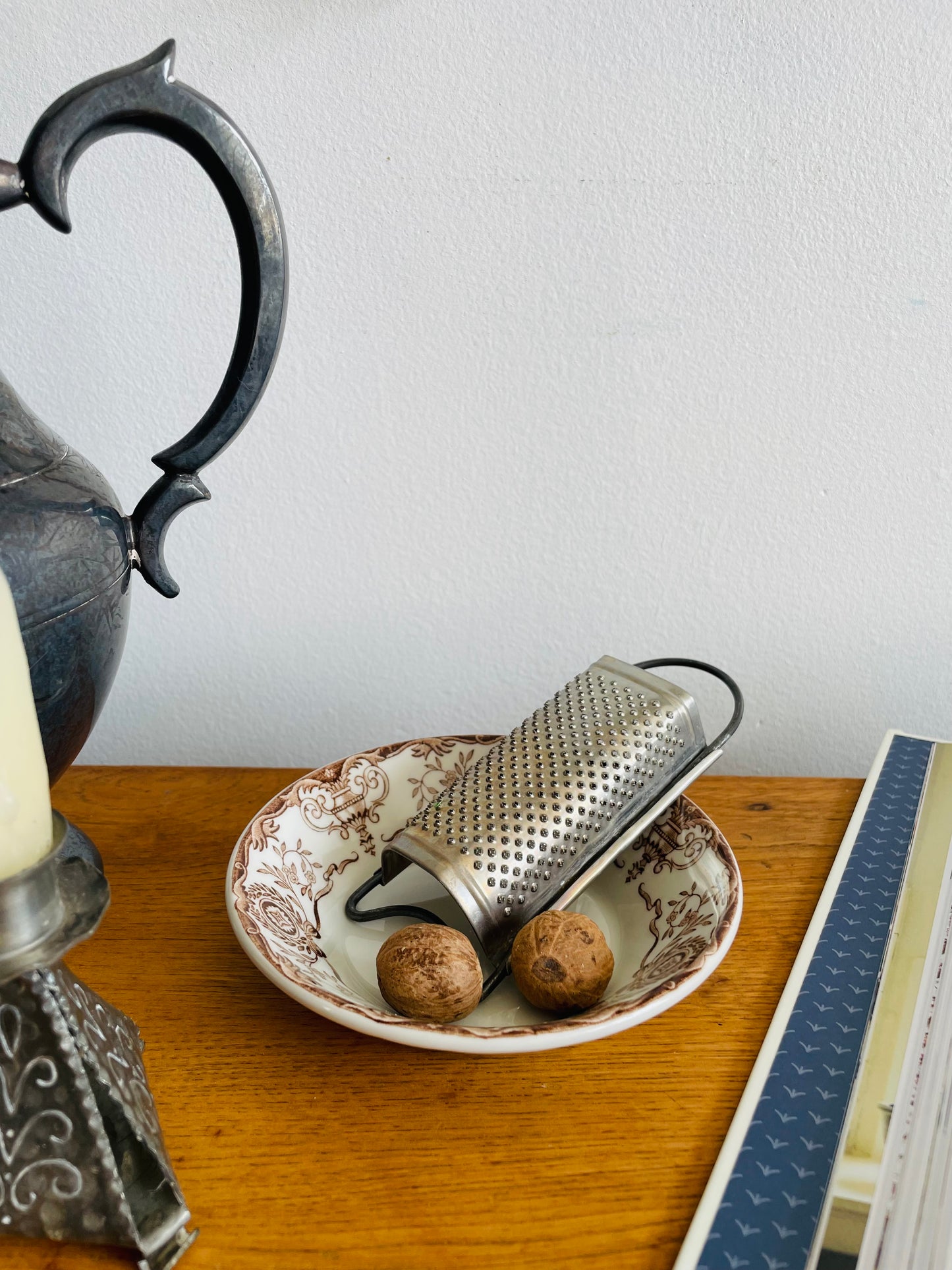 Vintage Mini Grater & Duraline Hotel Ware Super Vitrified White Bowl with Brown Design - Made in England - Set of 2 Pieces