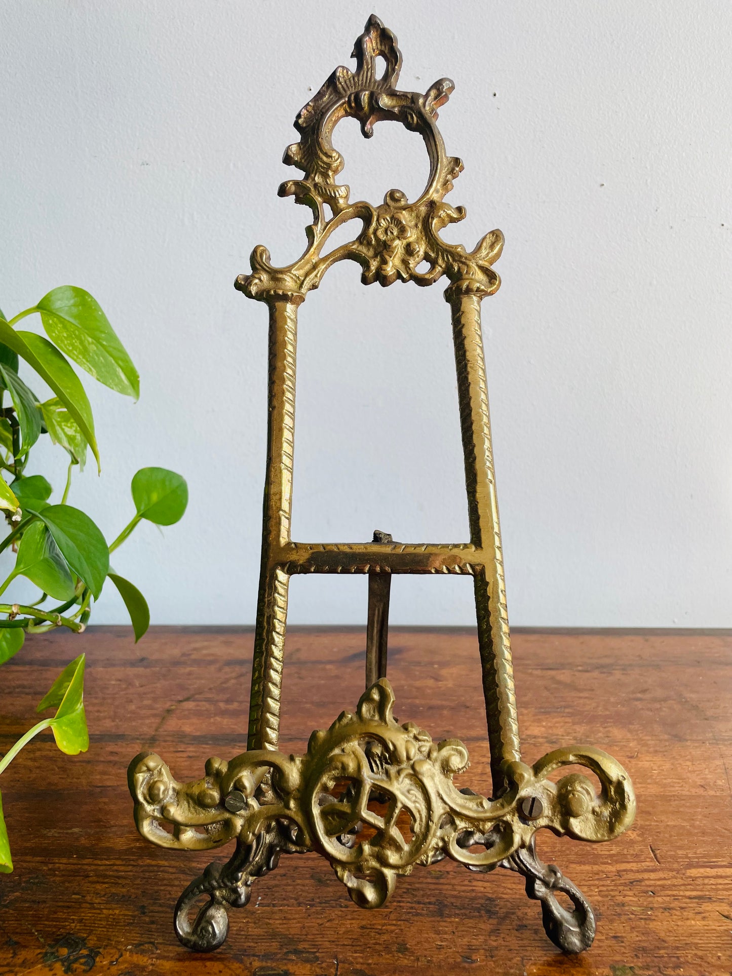 Vintage 14" Tall Brass Tabletop Display Easel with Ornate Scroll & Floral Design