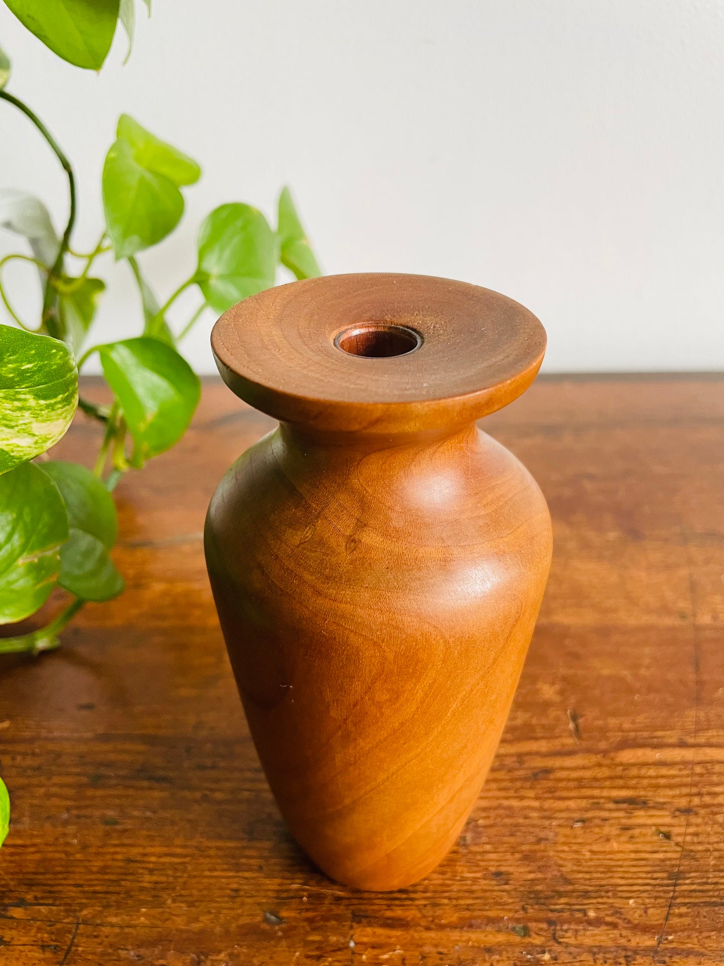Smooth Teak Wood Bud Vase with Glass Vial Insert Inside for Watering Flowers
