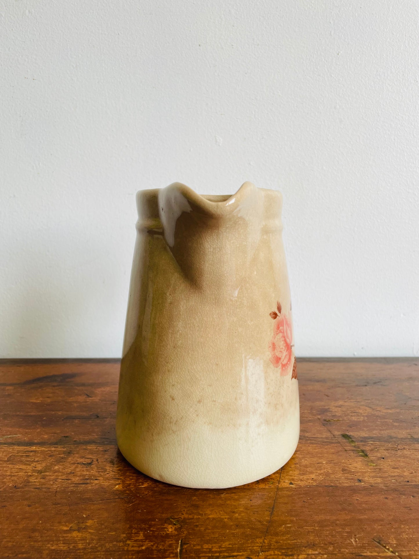 Farmhouse Stoneware Pitcher Jug Vase or Utensil Holder with Rose Design - Found in Dublin, Ireland