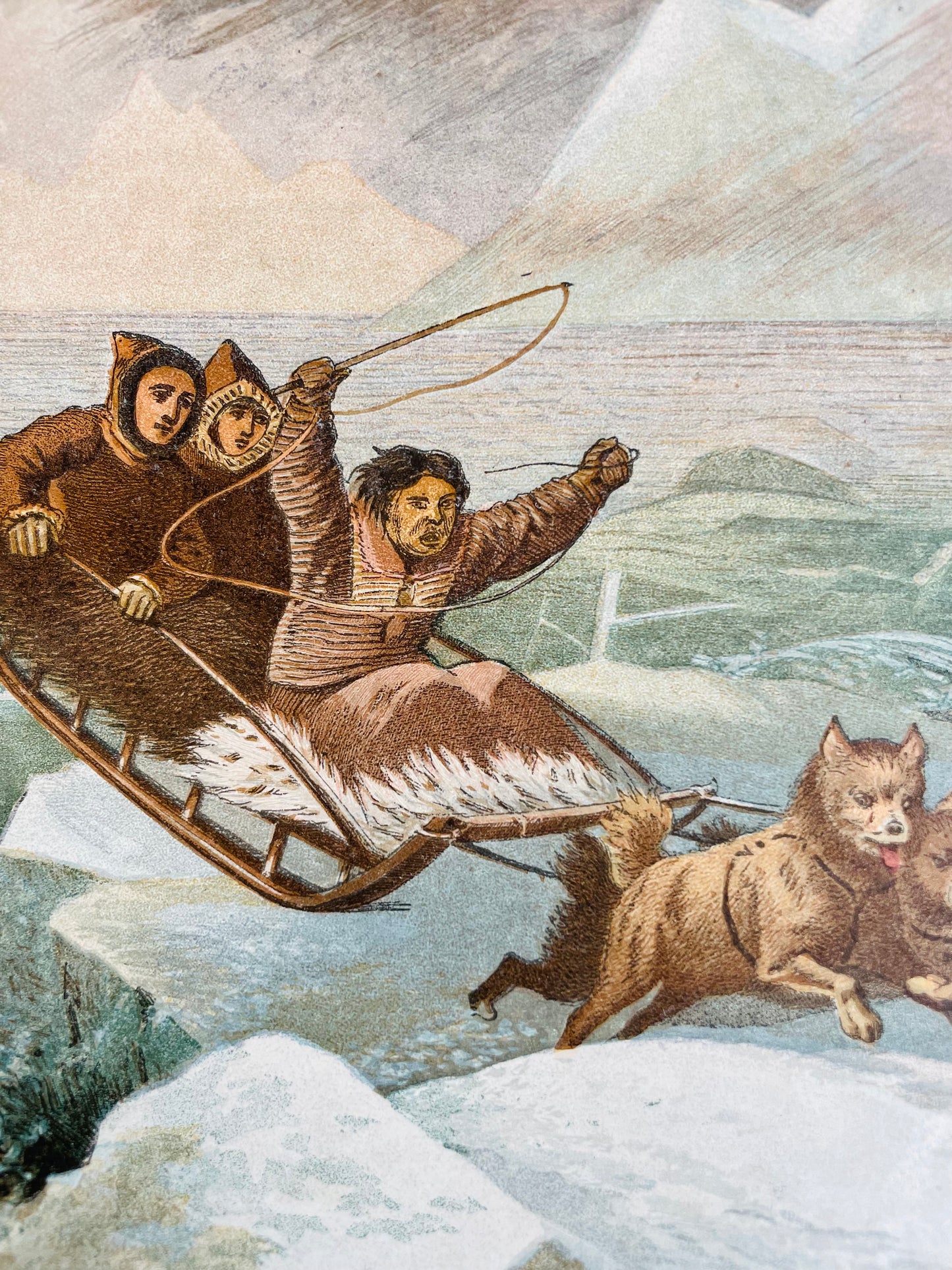 Vintage Lithograph Print Picture - "Wonderful Escape on the Breaking Up of the Ice" with Dog Sled Team in Arctic - Kronheim and Co., London