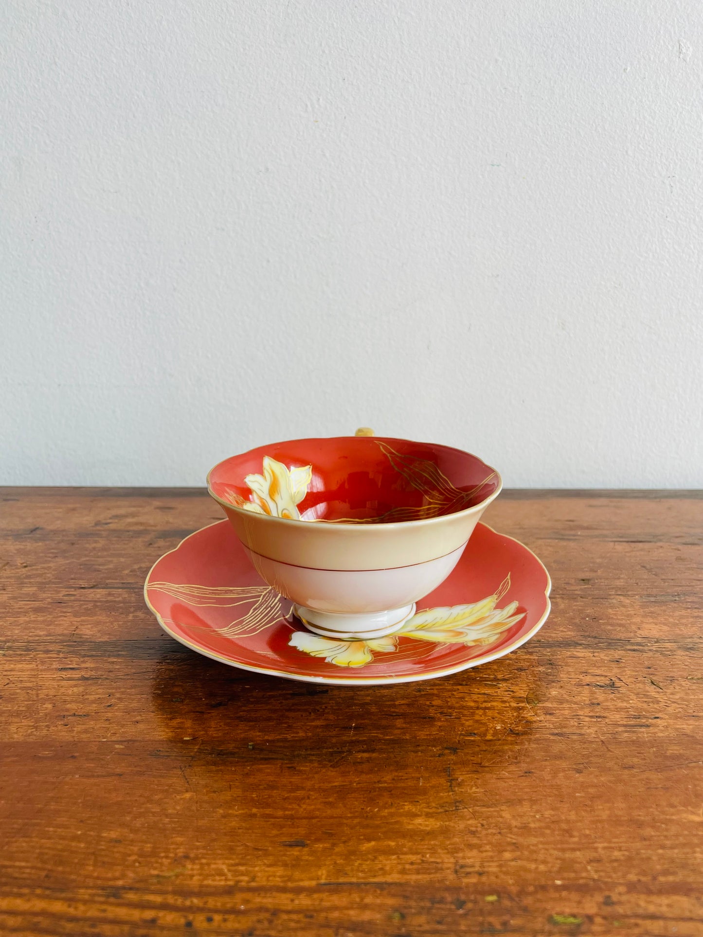 1940s Diamond China Burnt Orange Tea Cup & Saucer with White Iris Flower Design - Made in Occupied Japan