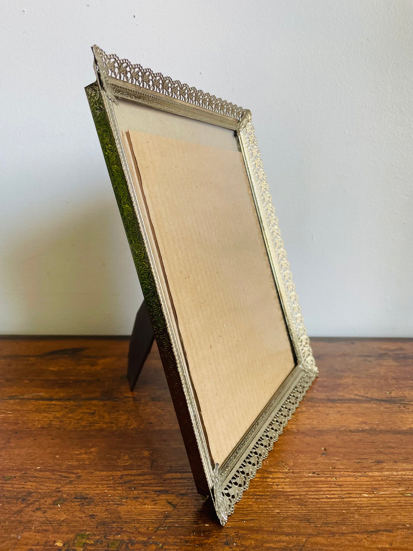 Vintage Brass Floral Filigree Picture Frame with Easel Prop or Wall Hook to Hang Vertically - 7.5" x 9.5" Photo Size