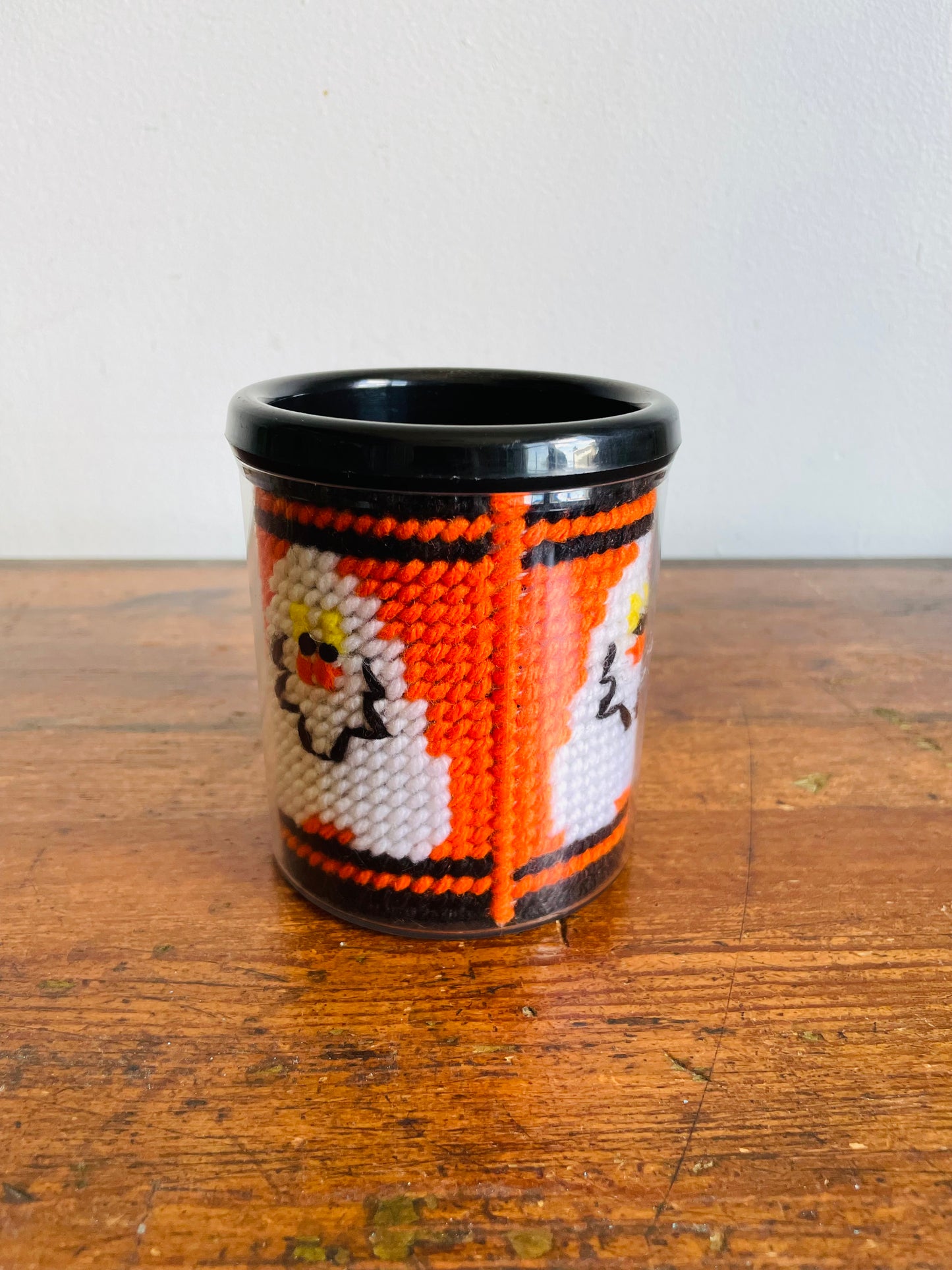 Vintage Halloween Mug with Plastic Canvas Yarn Embroidery Design of Smiling Ghosts