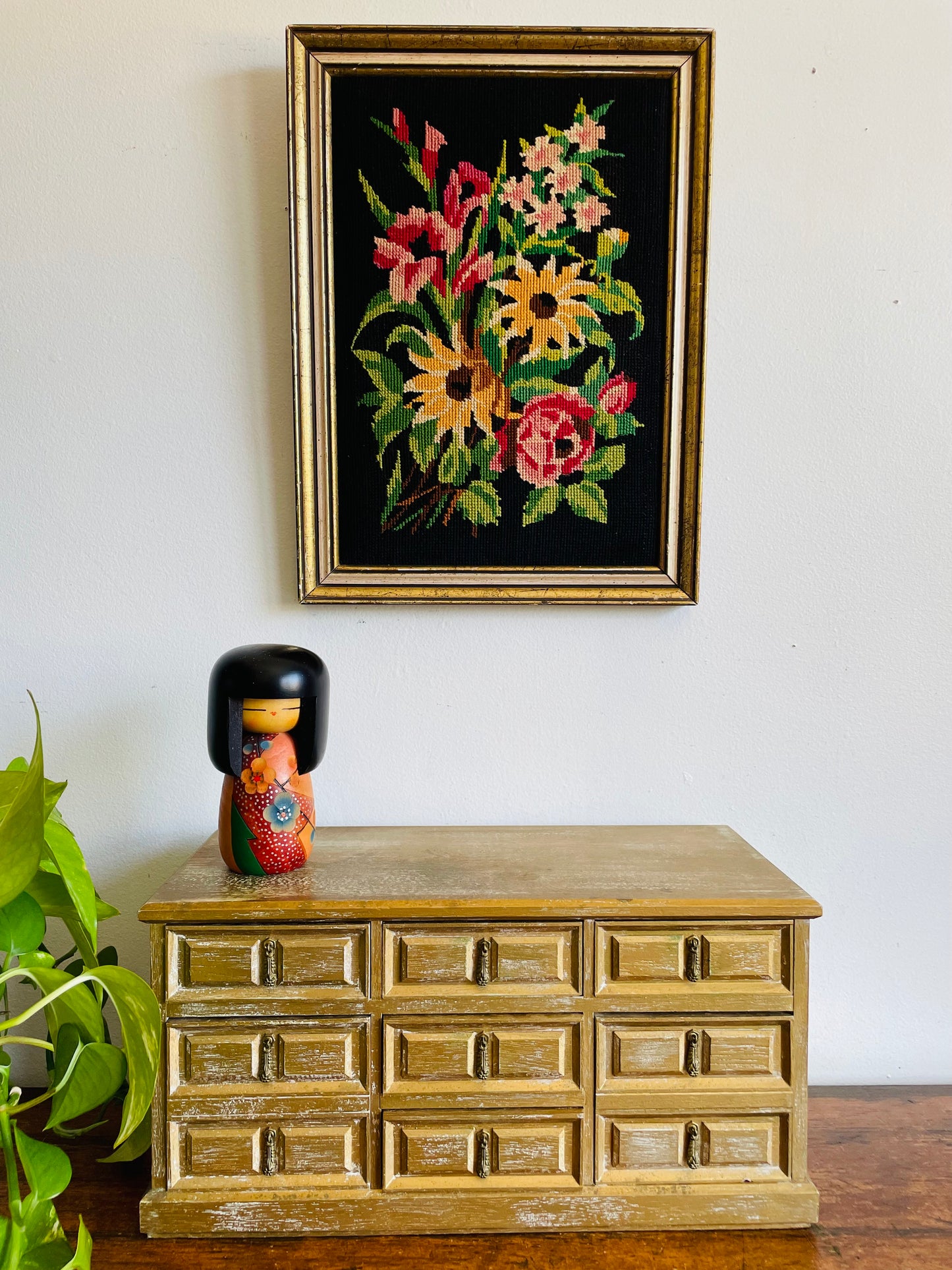 Stunning Floral Needlepoint Embroidery Picture with Bright Flowers on Black Background