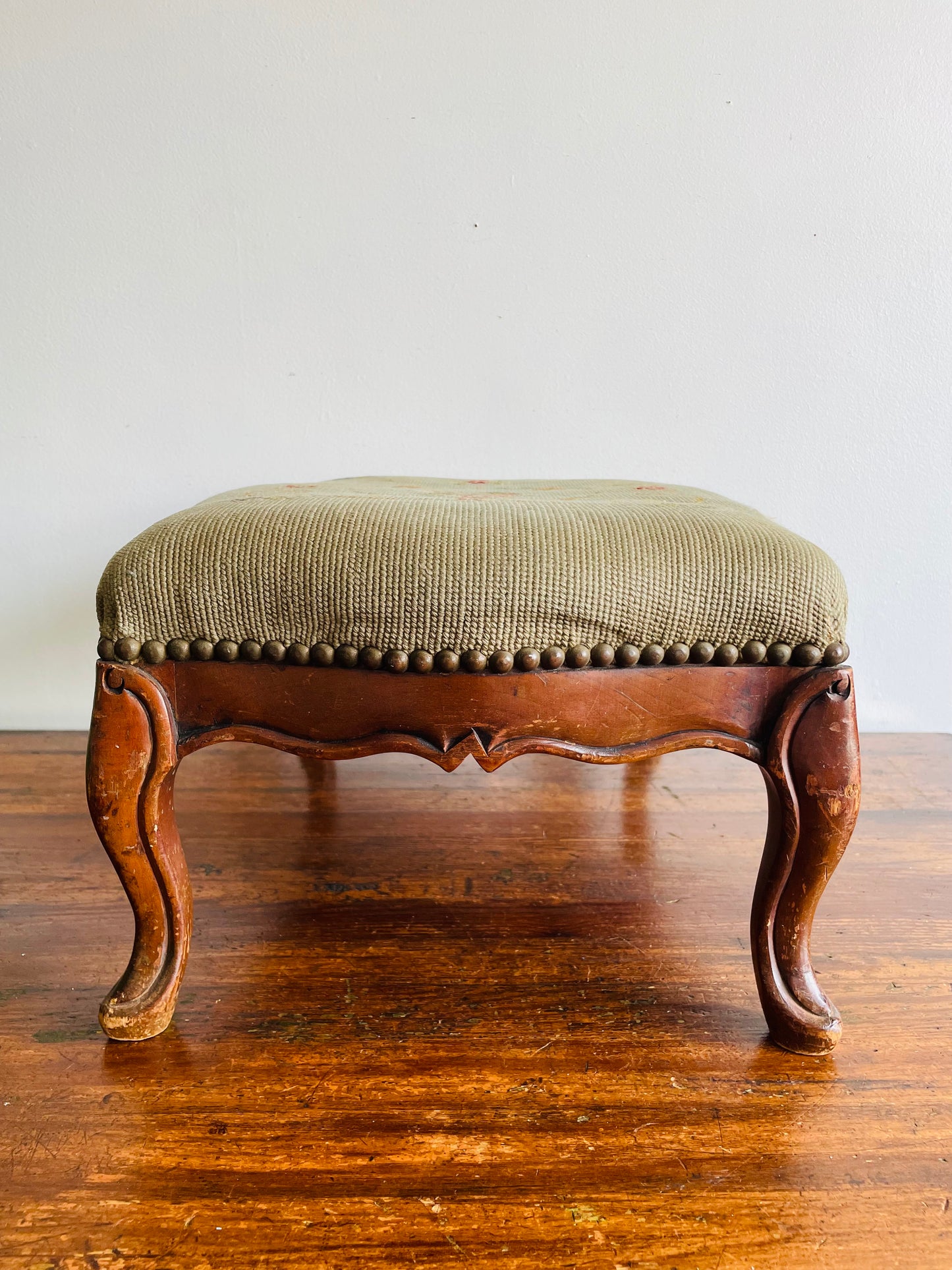 Antique Victorian Solid Wood & Floral Needlepoint Embroidery Footstool