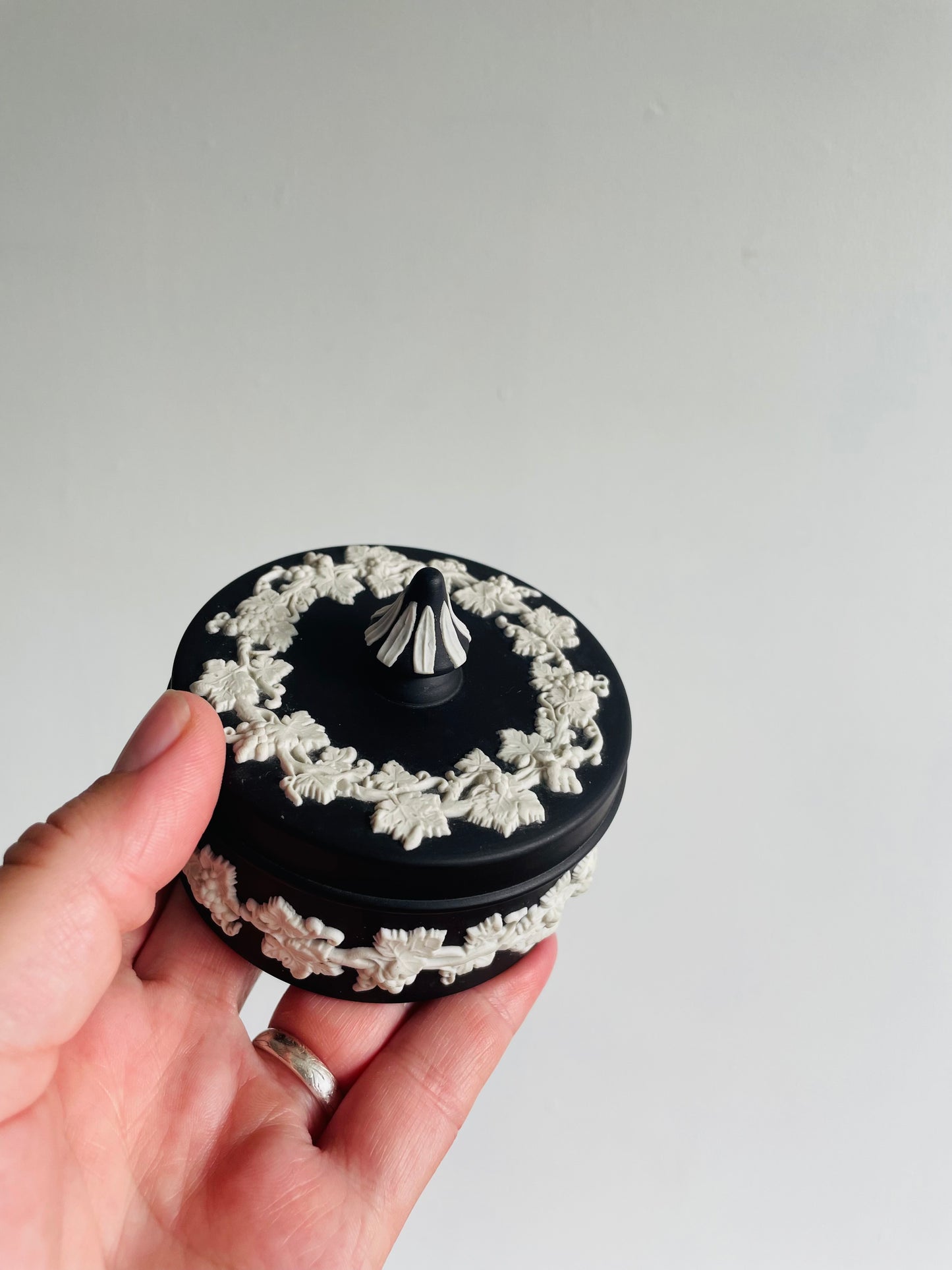 Black Jasperware Wedgwood Round Trinket Dish with Lid - Made in England