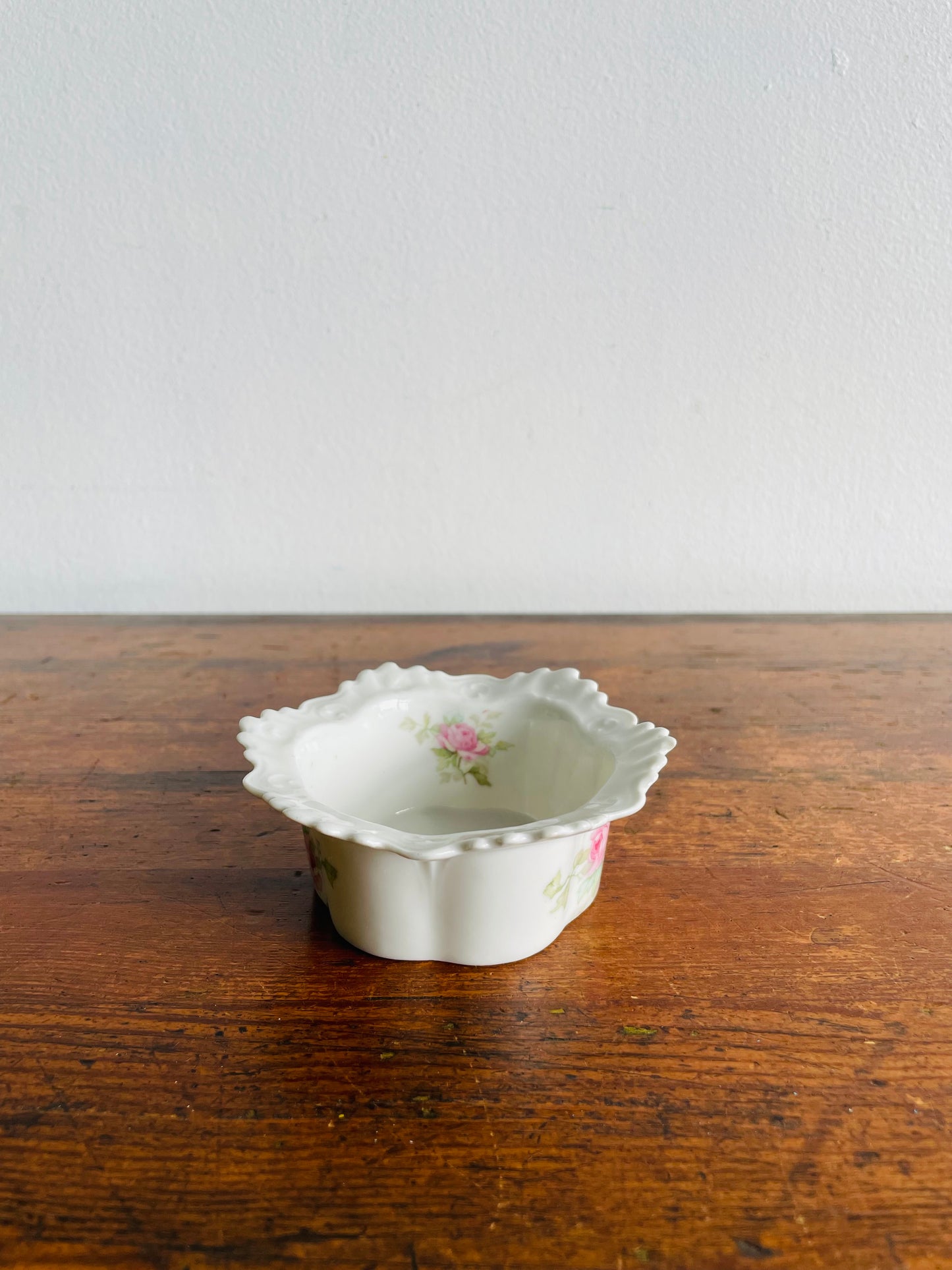 Antique MZ Moritz Zdekauer Austria Porcelain Ramekin or Custard Cup Dish with Pink Roses - Also Great for Jewellery!