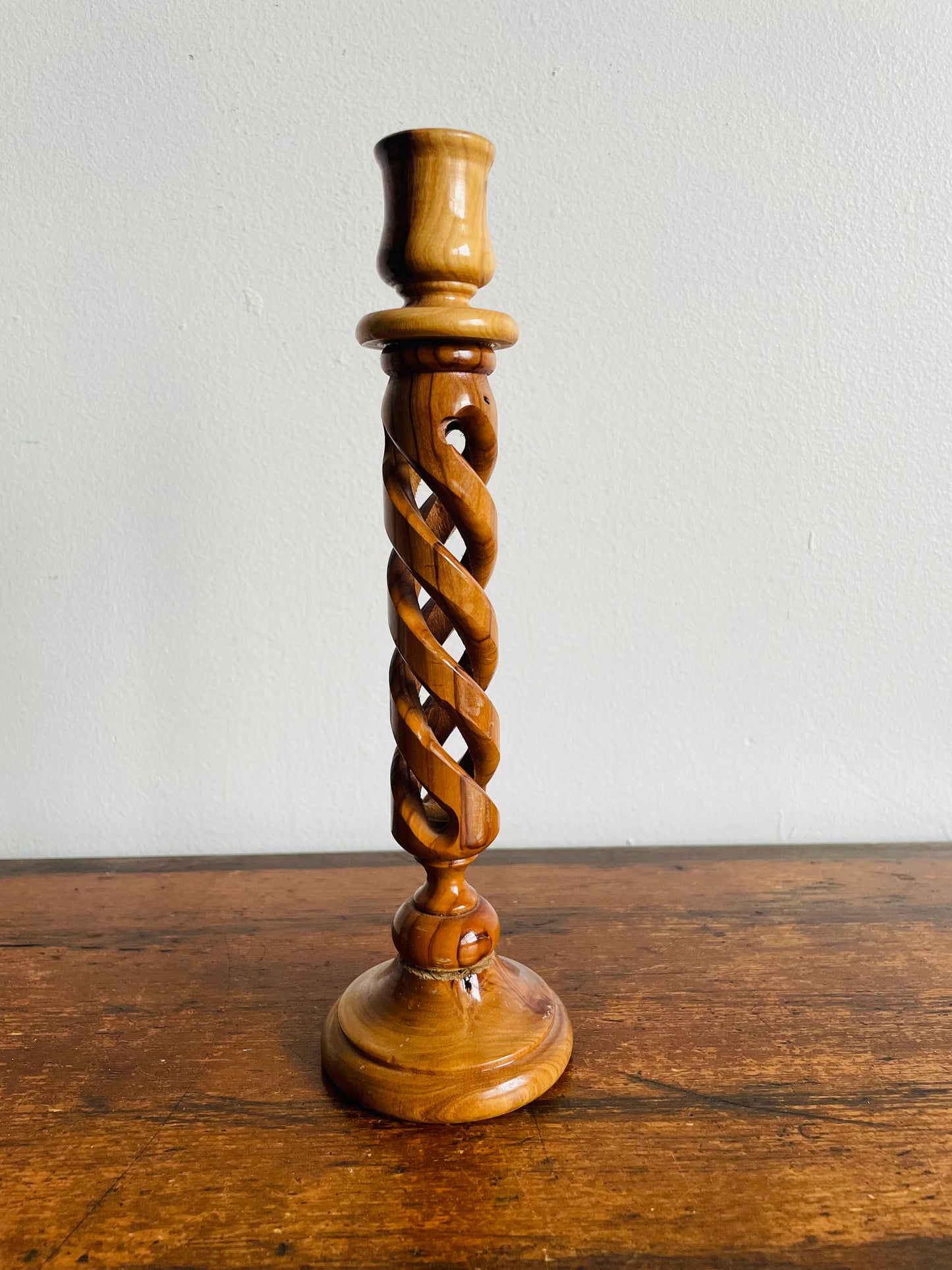 Olive Wood Twisted Spiral Candlestick Holder with Open Barley-Twist
