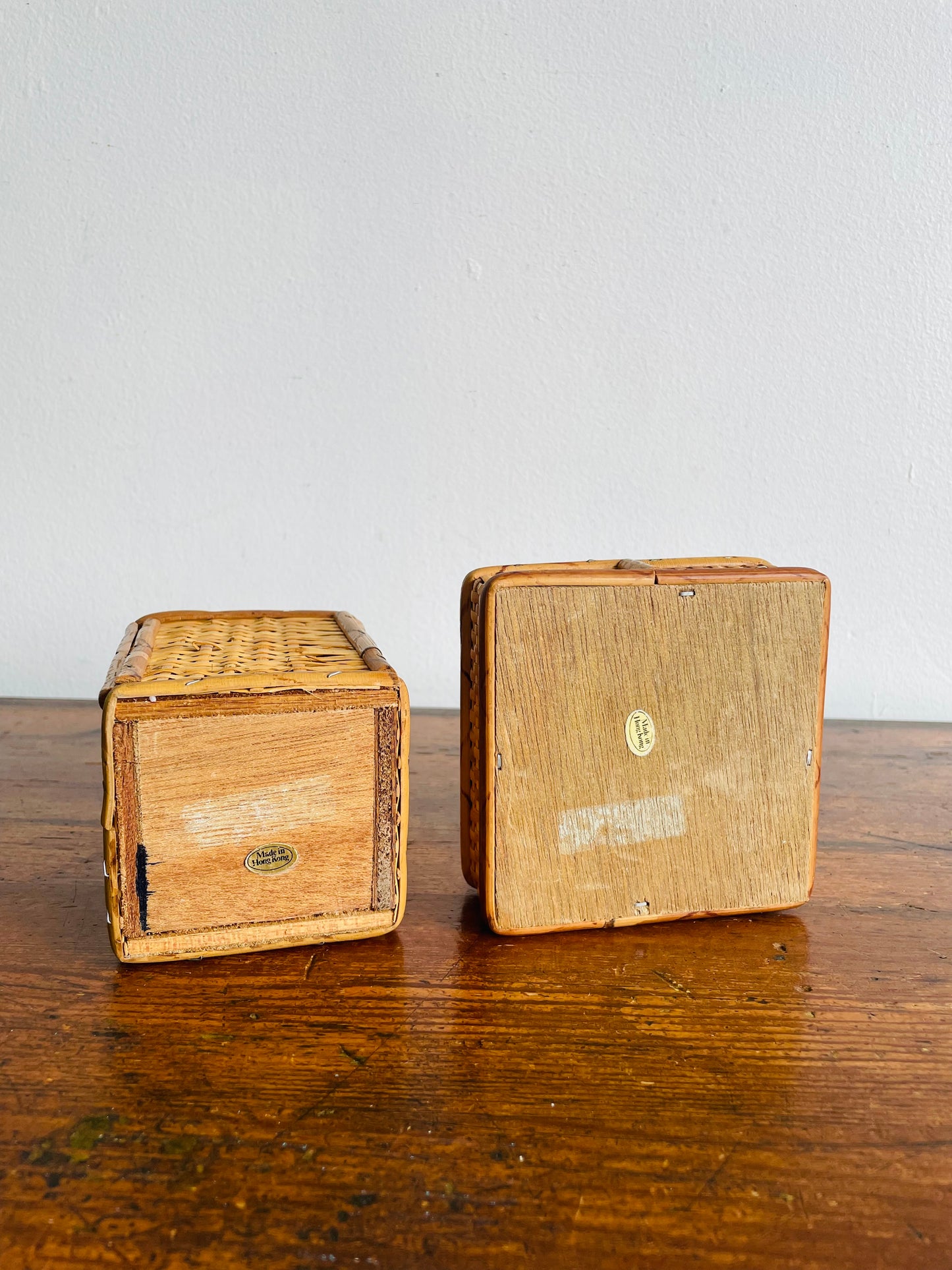 Wicker & Wood Desk or Vanity Organizer Box Compartment & Pencil Cup - Made in Hong Kong - Set of 2 Pieces