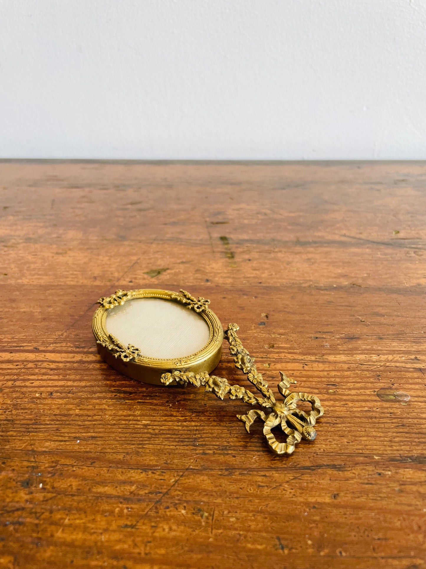 Antique Miniature Hanging Oval Brass Picture Frame with Ornate Bows, Ribbons & Flowers