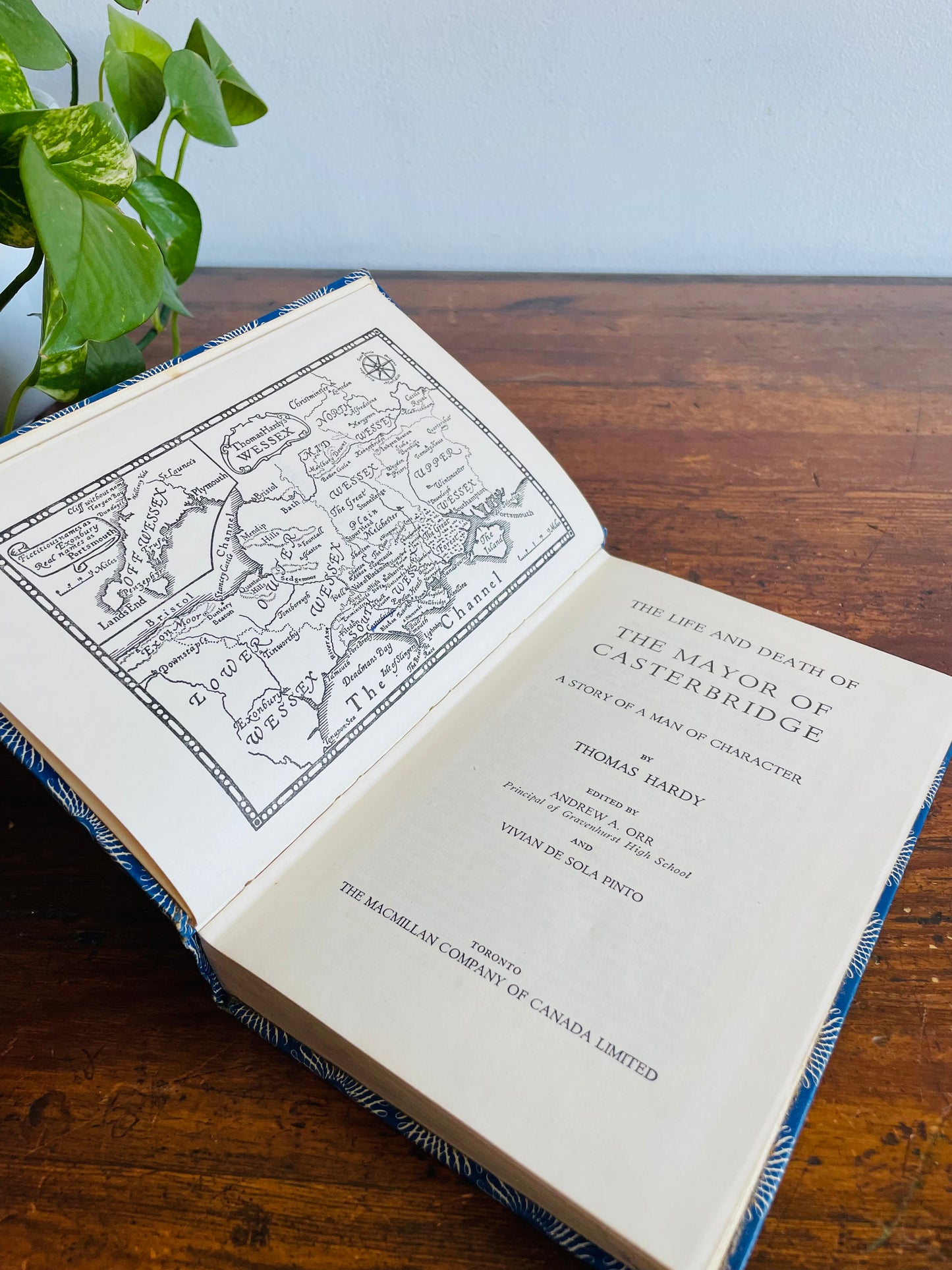 MacMillan Blue Hardcover Book Bundle - The Pearl by John Steinbeck (1958), Two Solitudes by Hugh MacLennan (1951), & The Mayor of Casterbridge by Thomas Hardy (1962)