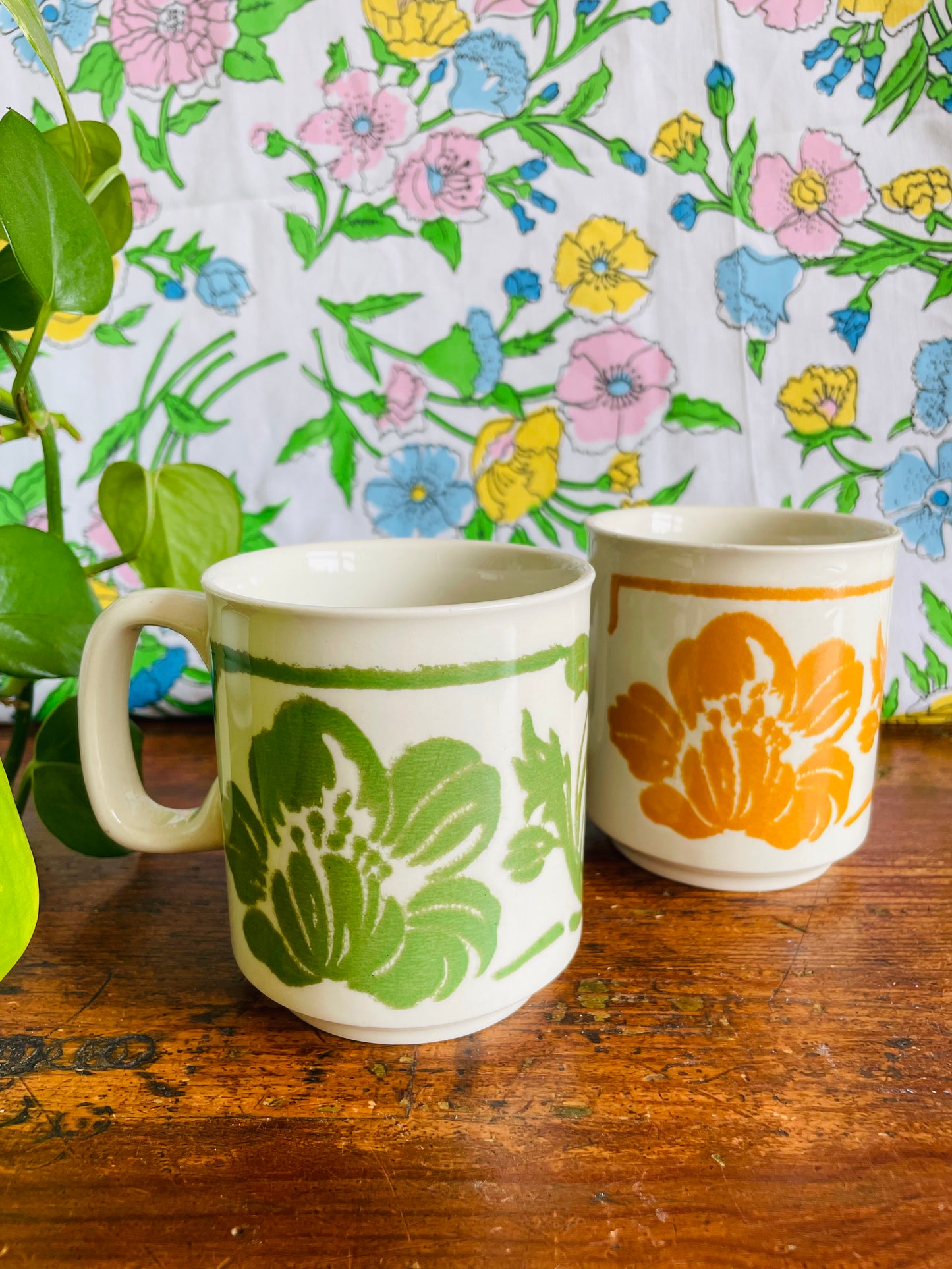 Mustard Yellow & Green Flower Mugs - WP Made in England - Set of 2