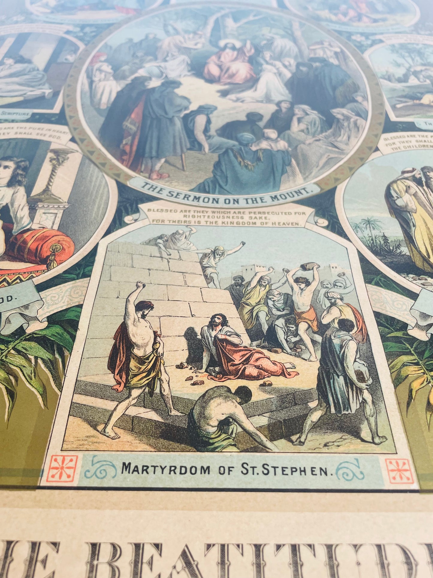 Antique 1800s The Beatitudes Chromolithograph with Bible Pictures Religious Print Picture by Martin Yauch (1882) - Found at Alberton Presbyterian Church - Once Owned by David Richardson from Ancaster, Ontario