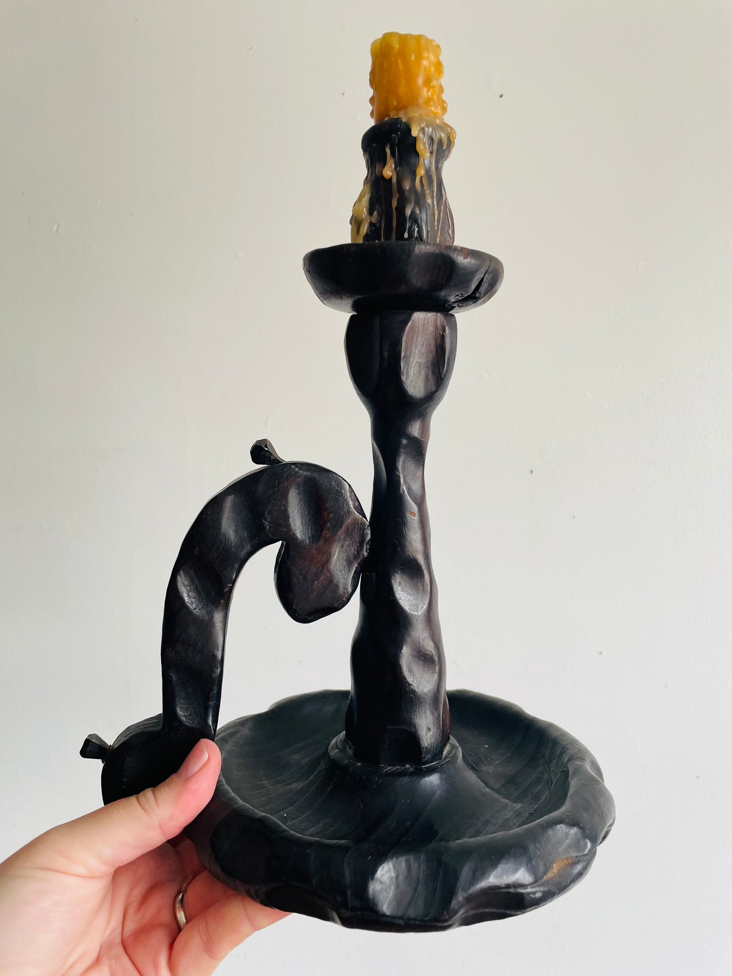 Large Wood Brutalist Spanish Revival Gothic Castlecore Style Chamberstick Candle Holder with Dripping Candle