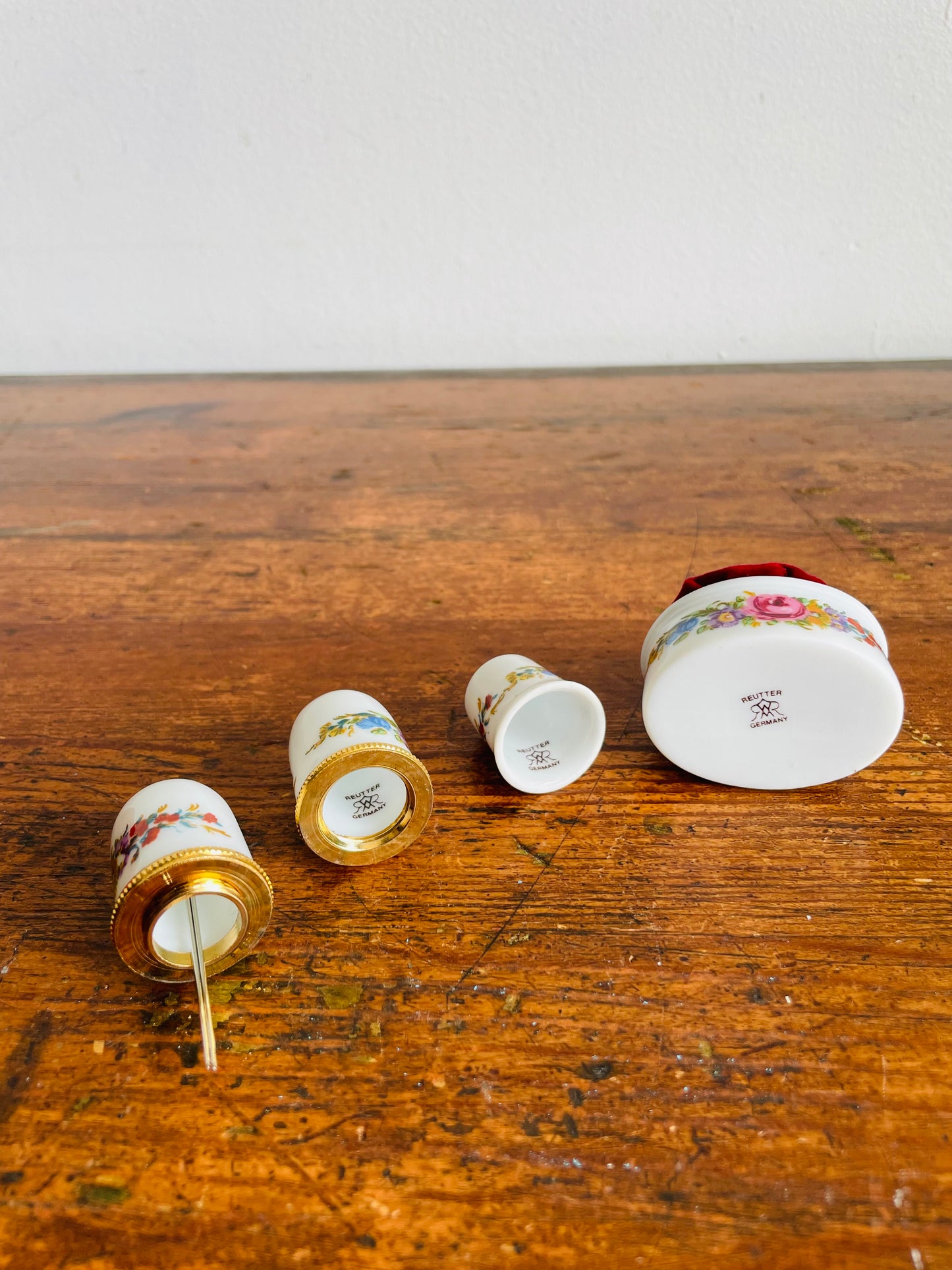Brand New Vintage Porcelain Sewing Notions Gift Set in Original Box - Reutter Porzellan Germany - Includes Thimble, Pincushion & Needle Holder