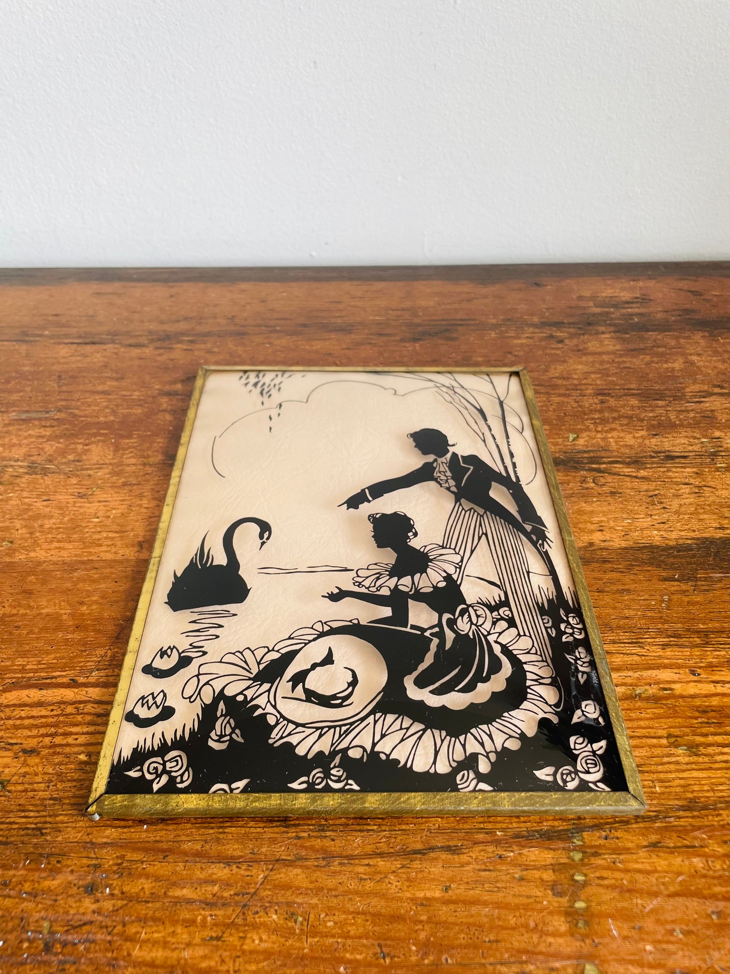 Reverse Painted Silhouette Picture on Convex Bubble Glass - Courting Couple by Pond with Swan