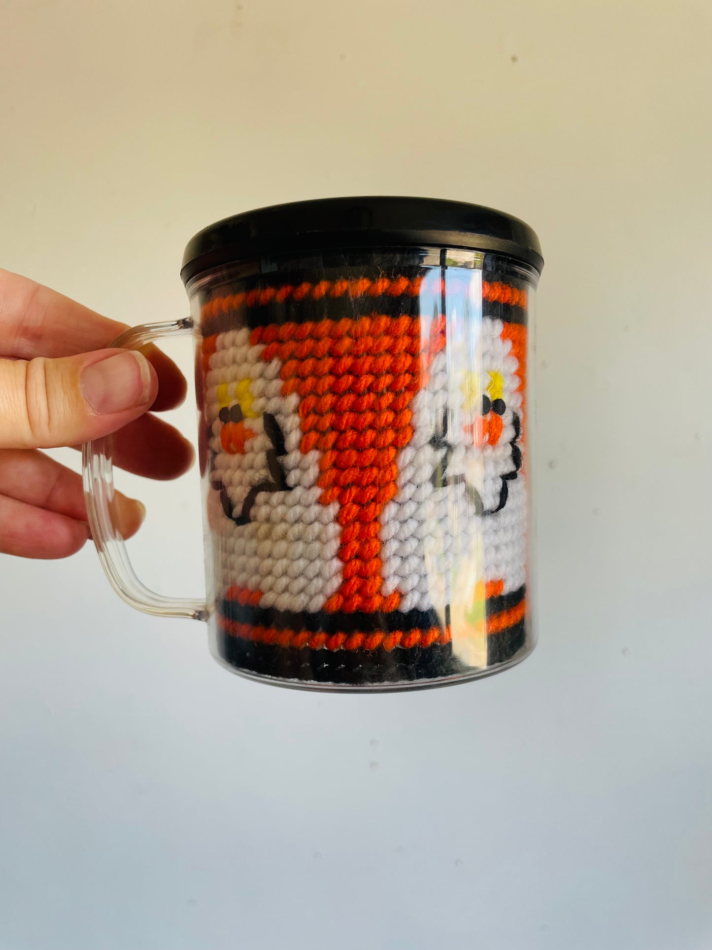 Vintage Halloween Mug with Plastic Canvas Yarn Embroidery Design of Smiling Ghosts