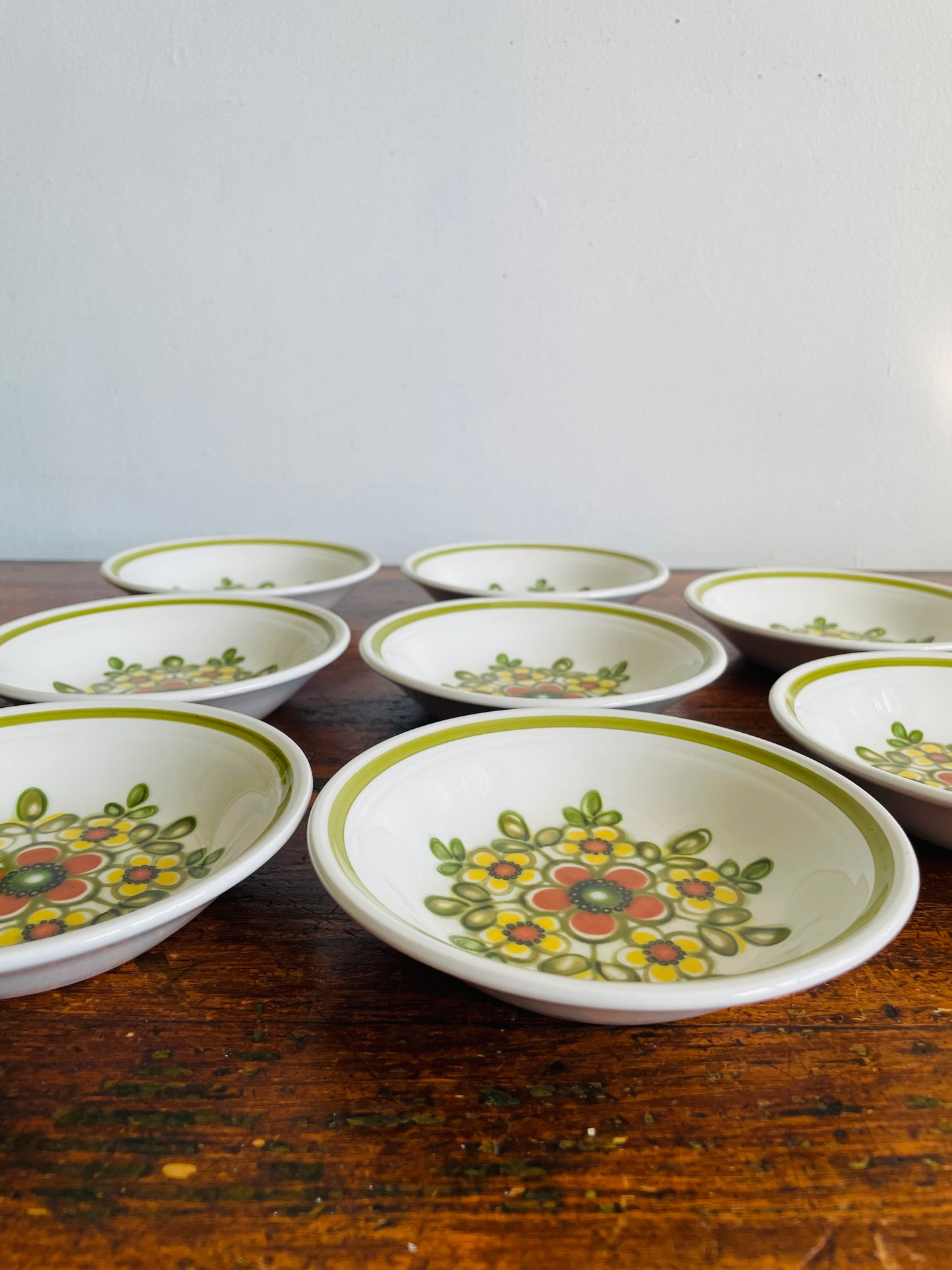 Vintage 5.5" Shallow Snack Bowls with Groovy Orange, Yellow & Green Flower Power Pattern - Mirage Ironstone Ware by Myott - Set of 8 - Made in England