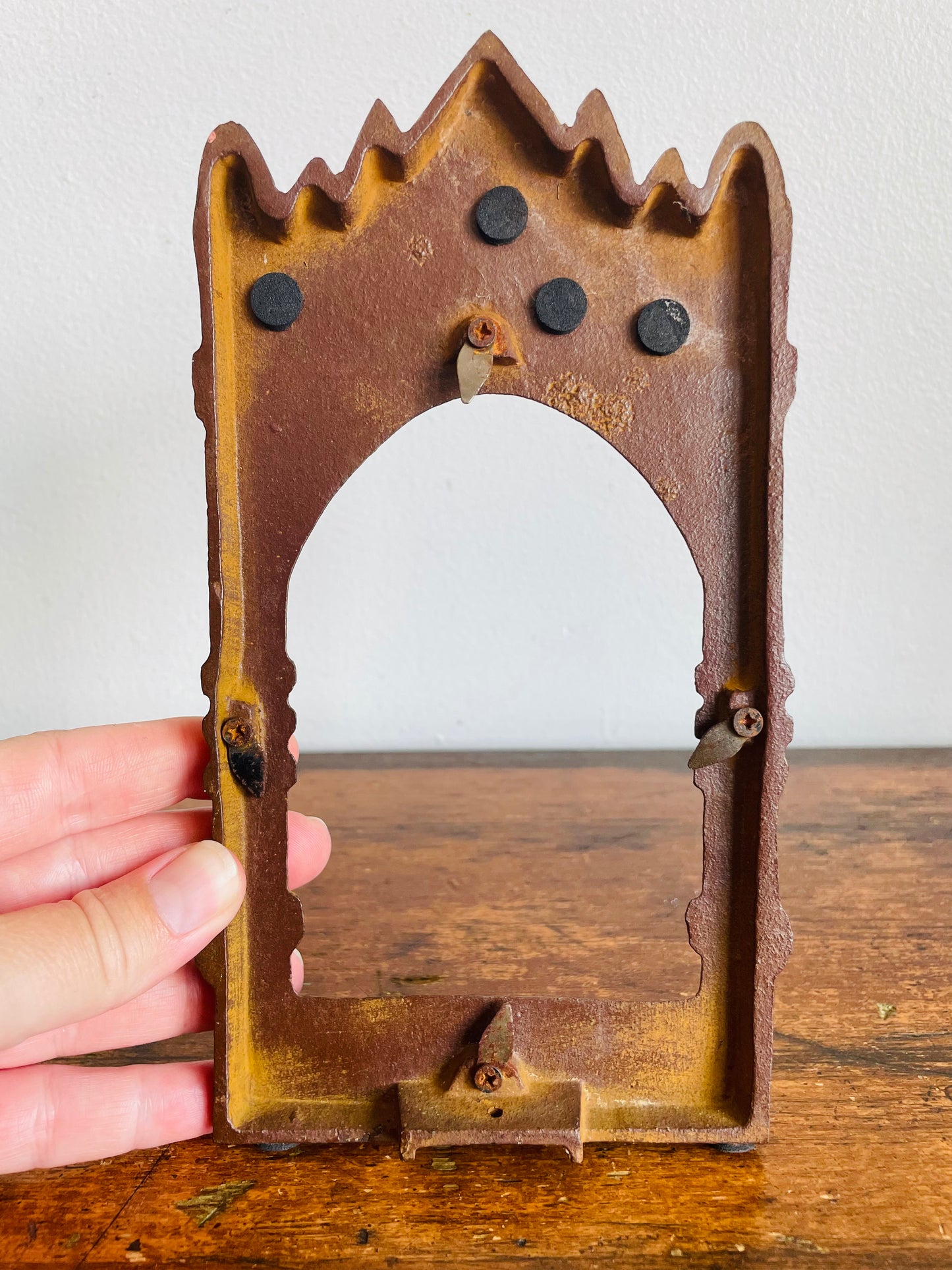 Vintage Solid & Heavy Cast Iron Arched Window Castle Shaped Picture Frame - 3" x 4.75" Photo Size
