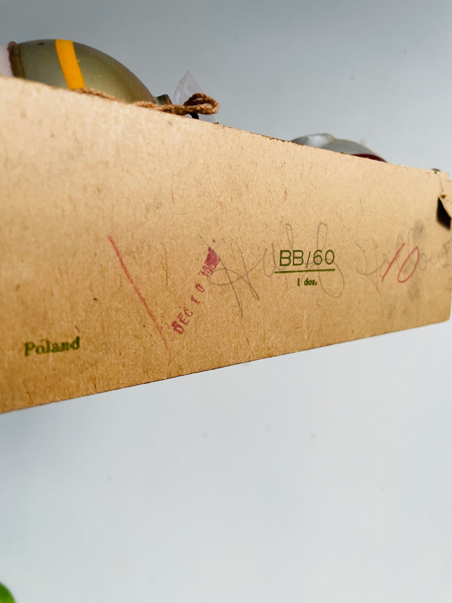 Vintage Collection of Mixed Glass & Indent Ornaments & Silver Tinsel in Divided Box #2 - Set of 10