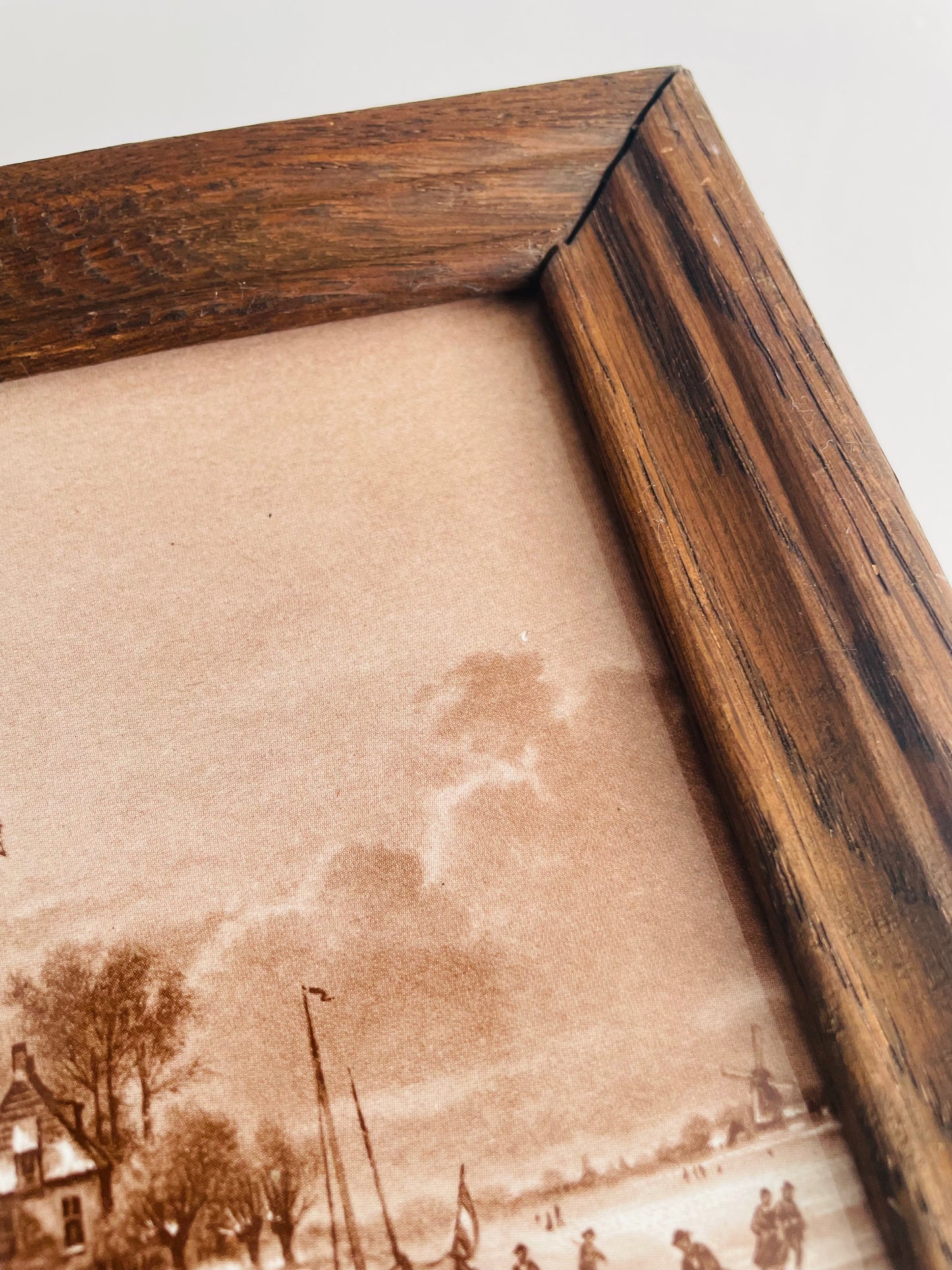Framed Mosa Tile with Sepia Toned Village Scene - River in Winter - Made in Holland