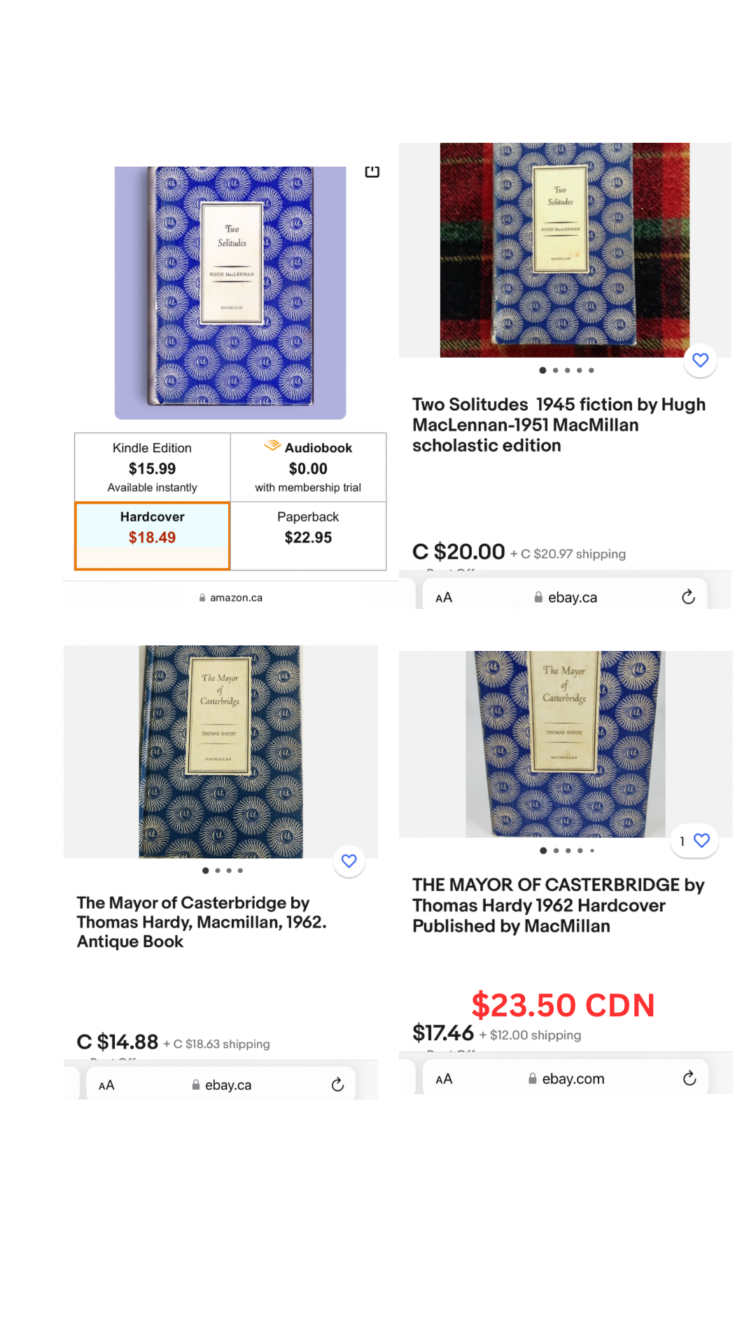 MacMillan Blue Hardcover Book Bundle - The Pearl by John Steinbeck (1958), Two Solitudes by Hugh MacLennan (1951), & The Mayor of Casterbridge by Thomas Hardy (1962)
