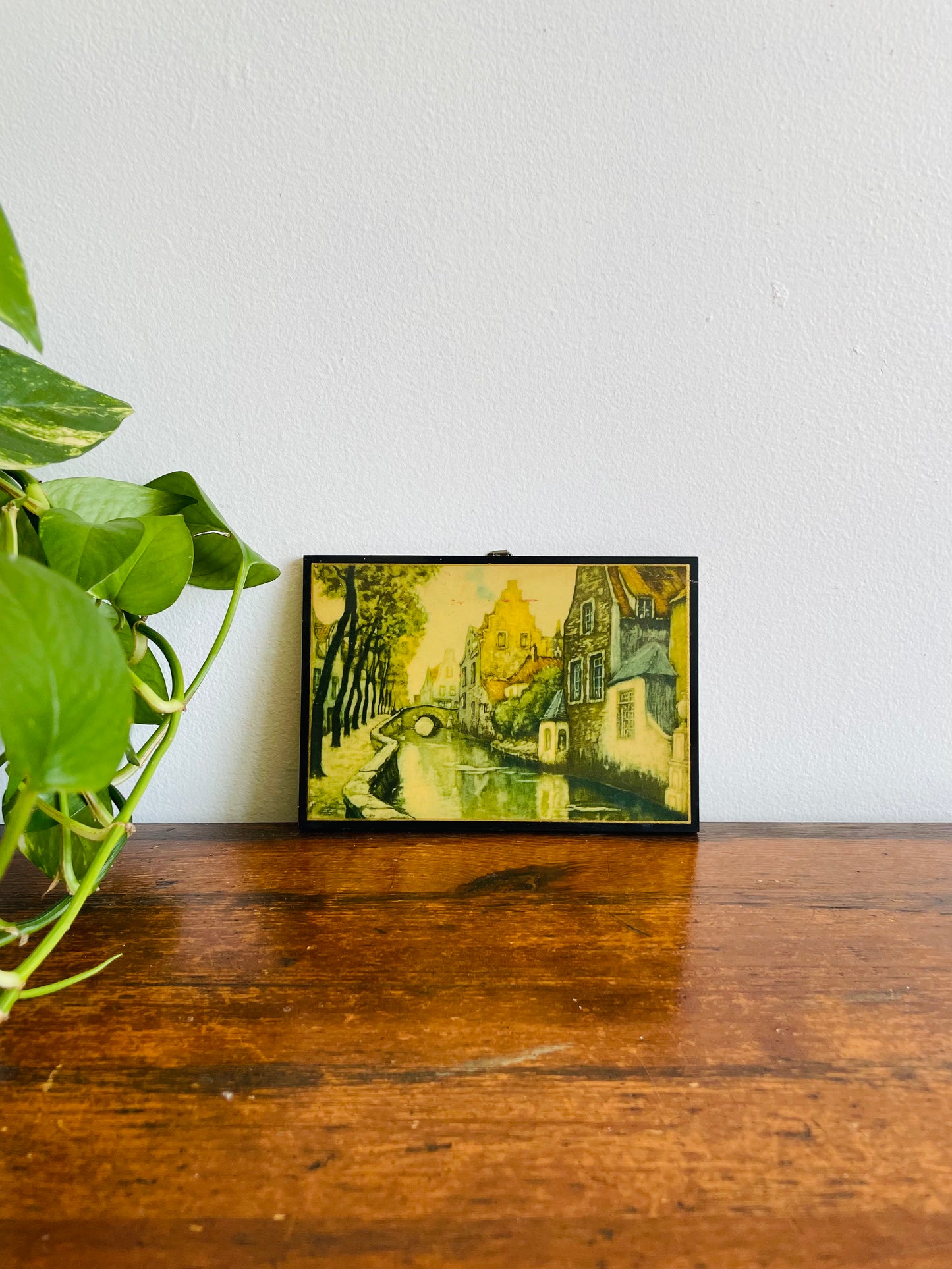 Wooden Picture Plaque of an Amsterdam Canal & Bridge - British Empire Made
