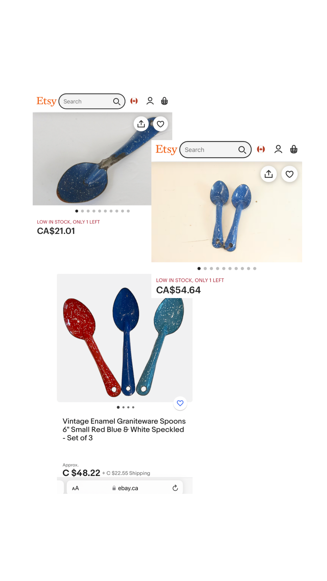 Graniteware Enamelware Set of Two Spoons - Red with White Flecks & Robin Egg Blue