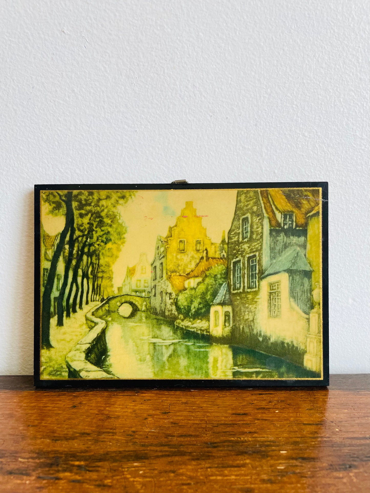 Wooden Picture Plaque of an Amsterdam Canal & Bridge - British Empire Made